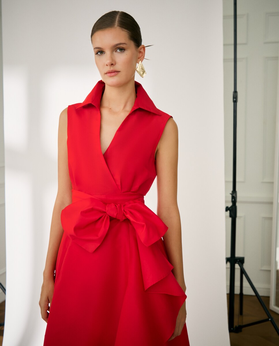 Vestido Camiseiro Comprido sem Mangas com Volume e Folho 600 Vermelho-2