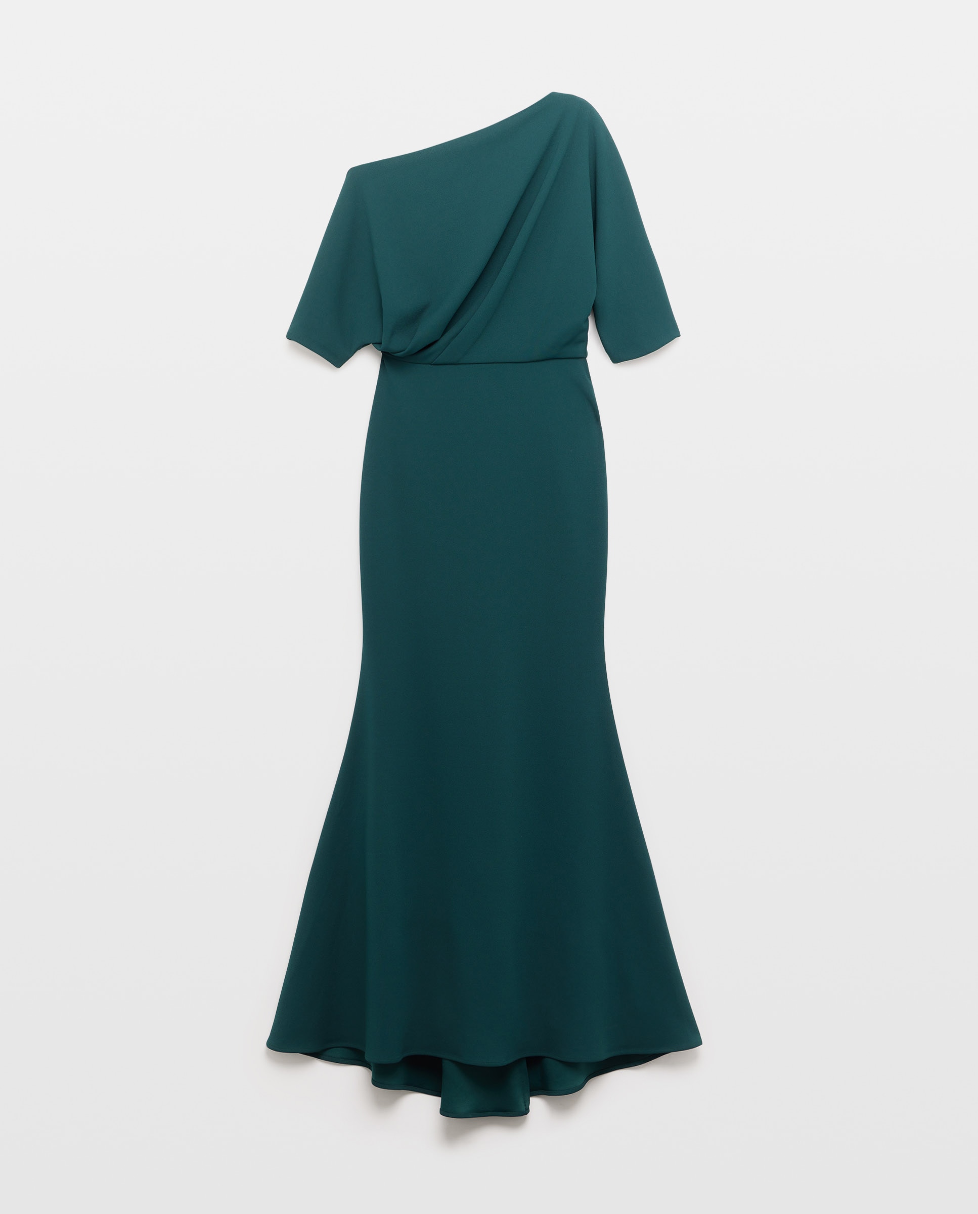 Vestido Comprido com Top Assimétrico em Cetim Verde-4