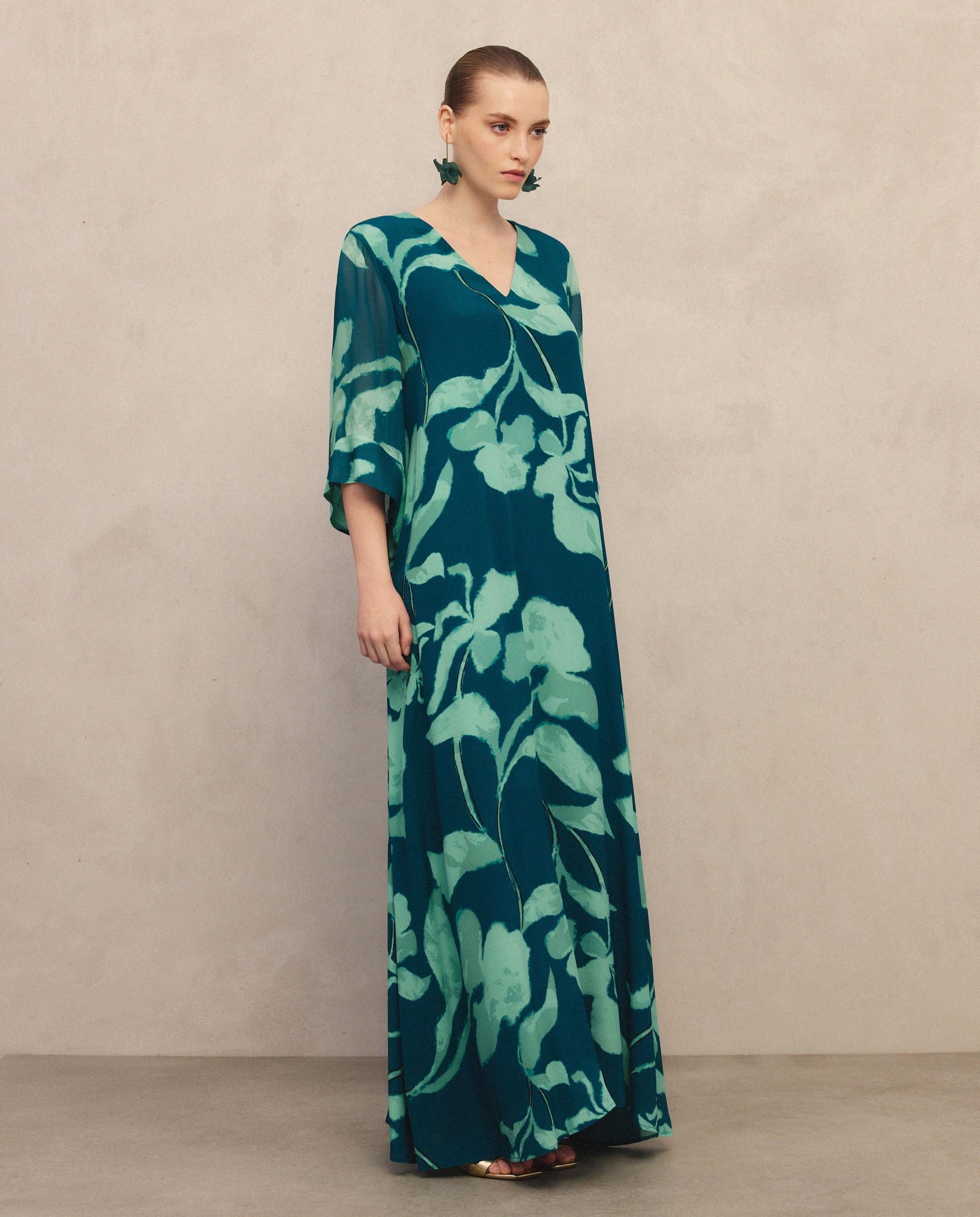 Vestido Comprido Kaftan de Seda com Estampado Verde-2