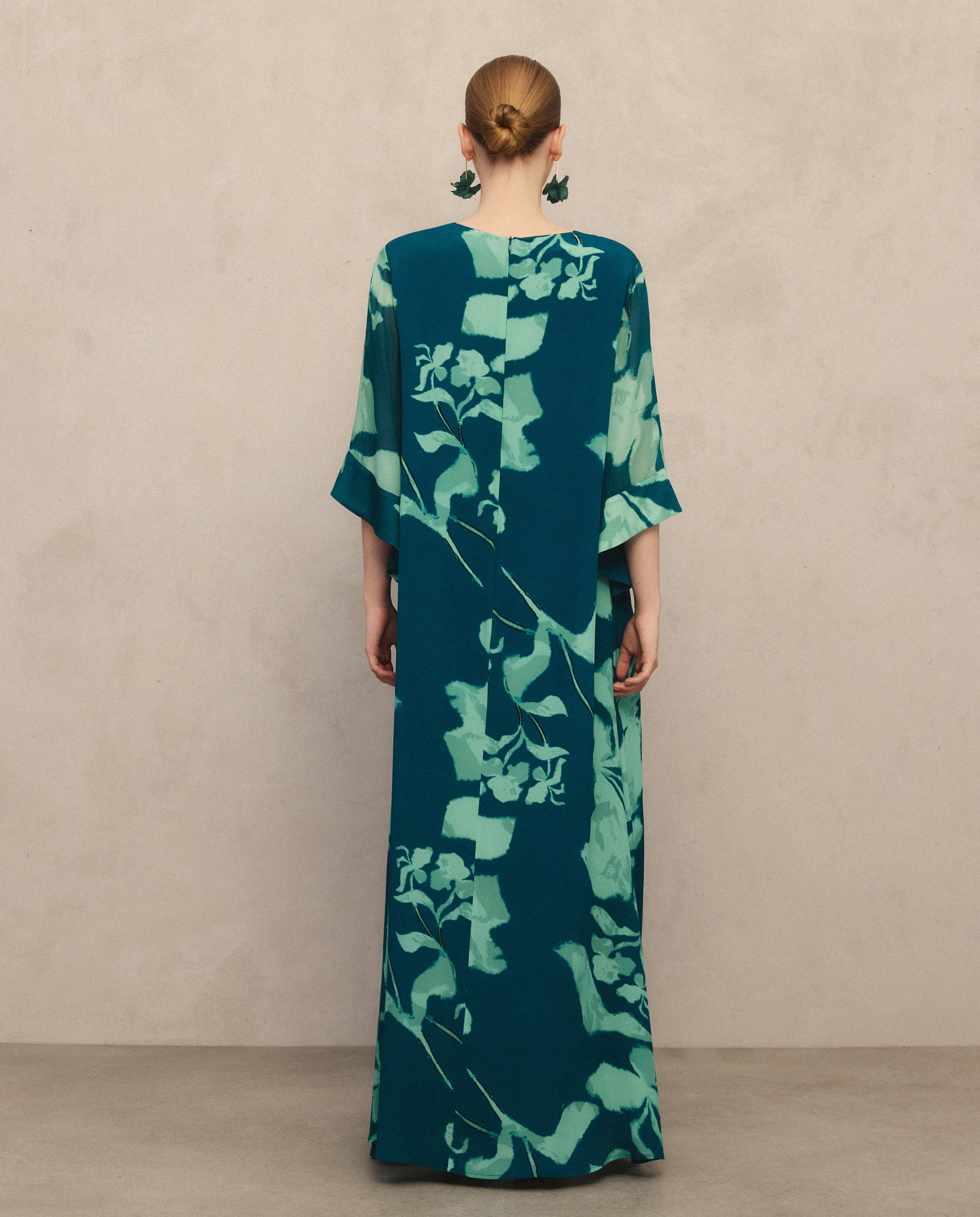 Vestido Comprido Kaftan de Seda com Estampado Verde-3