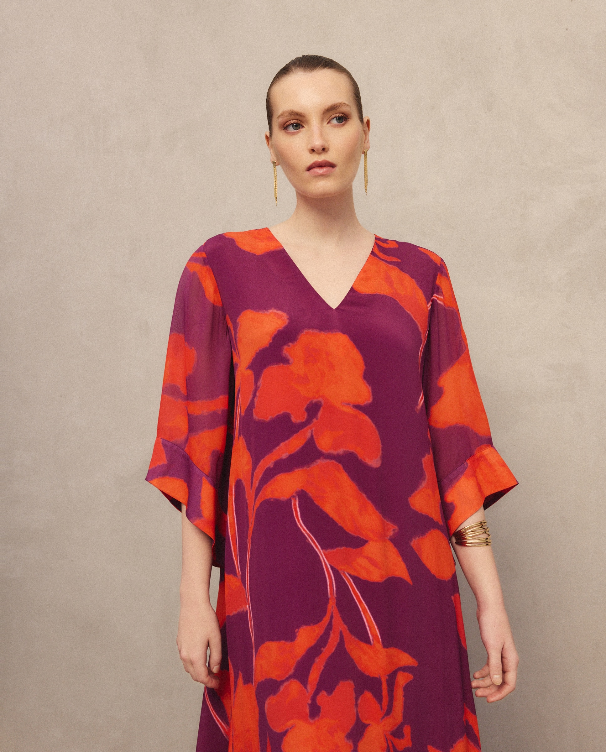 Vestido Comprido Kaftan de Seda com Estampado Vermelho-2