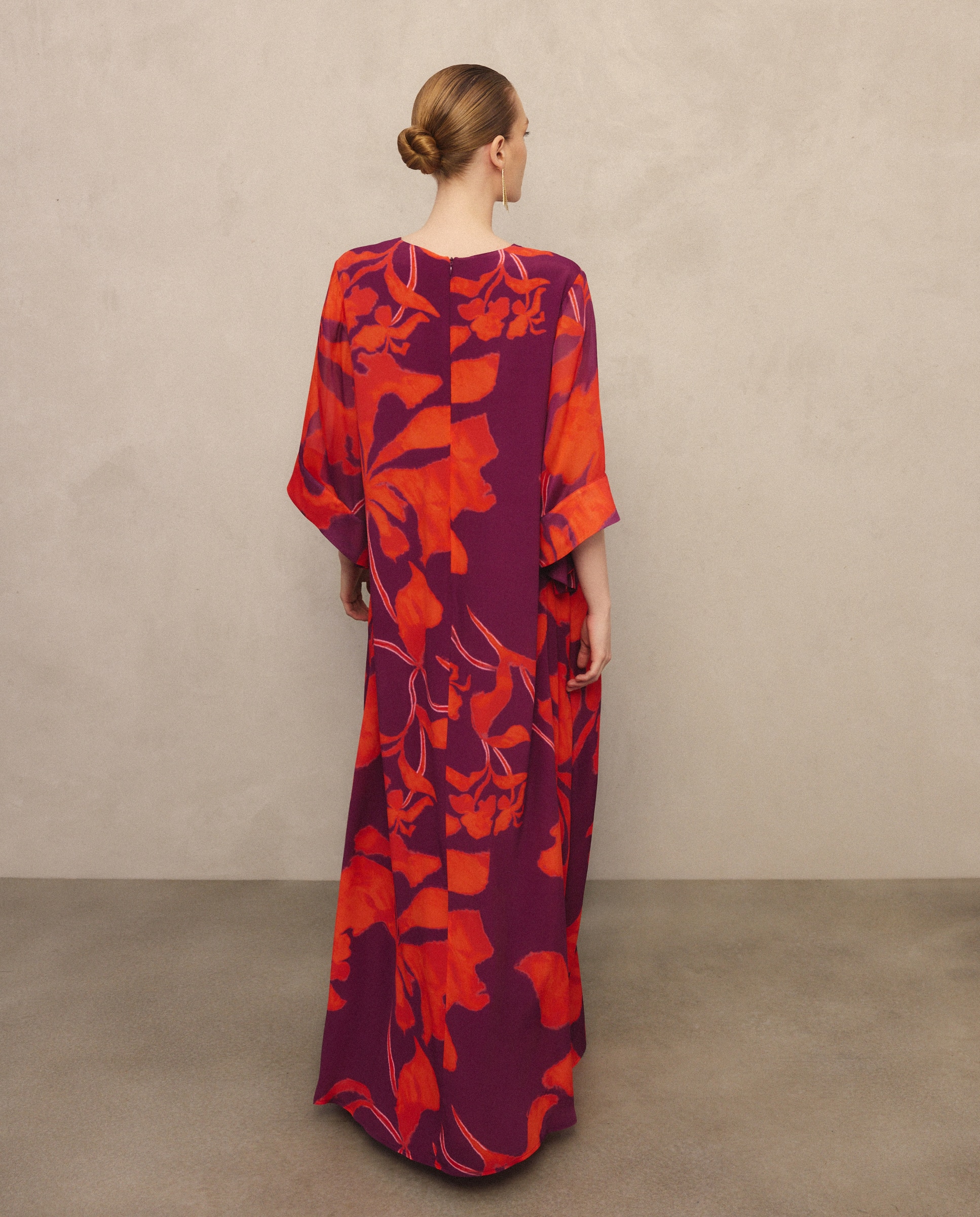 Vestido Comprido Kaftan de Seda com Estampado Vermelho-3
