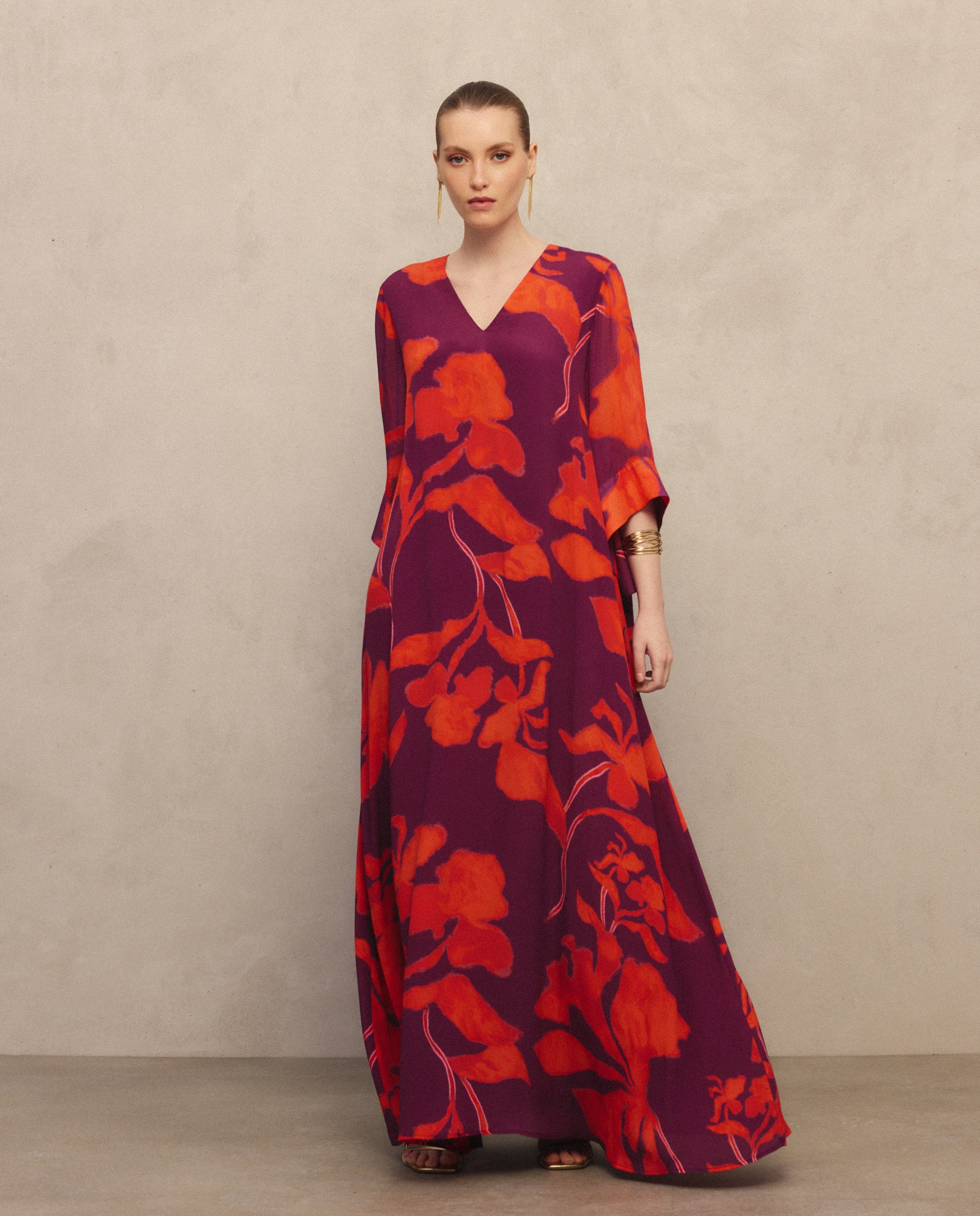 Vestido Comprido Kaftan de Seda com Estampado Vermelho-4