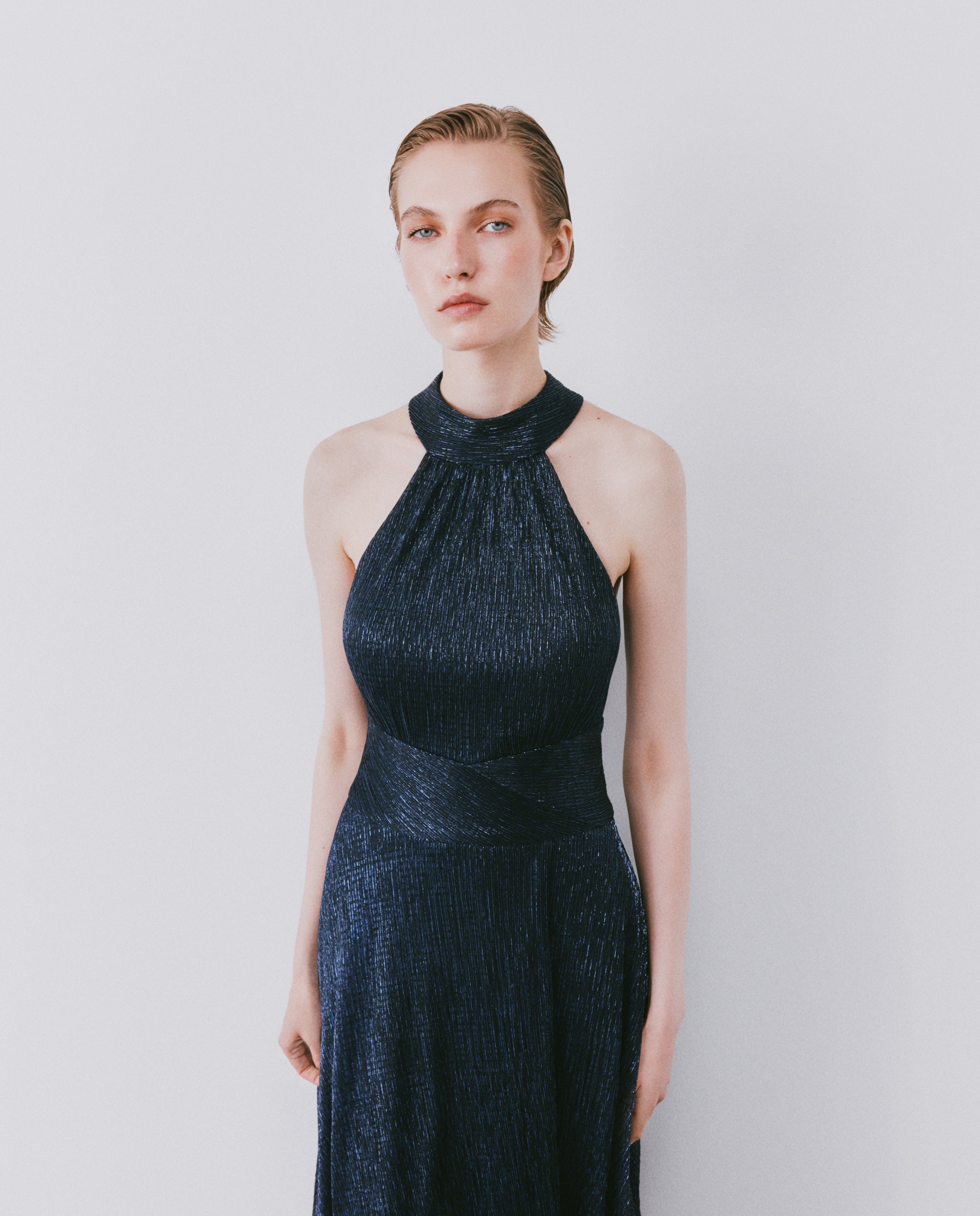 Imagen 0 de Vestido de mujer largo de punto lúrex Azul marino