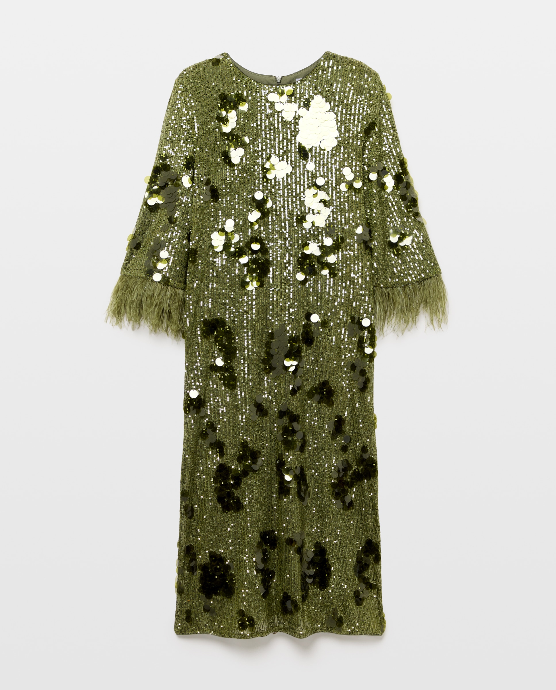 Vestido Midi com Lantejoulas e Penas nas Mangas Verde-4