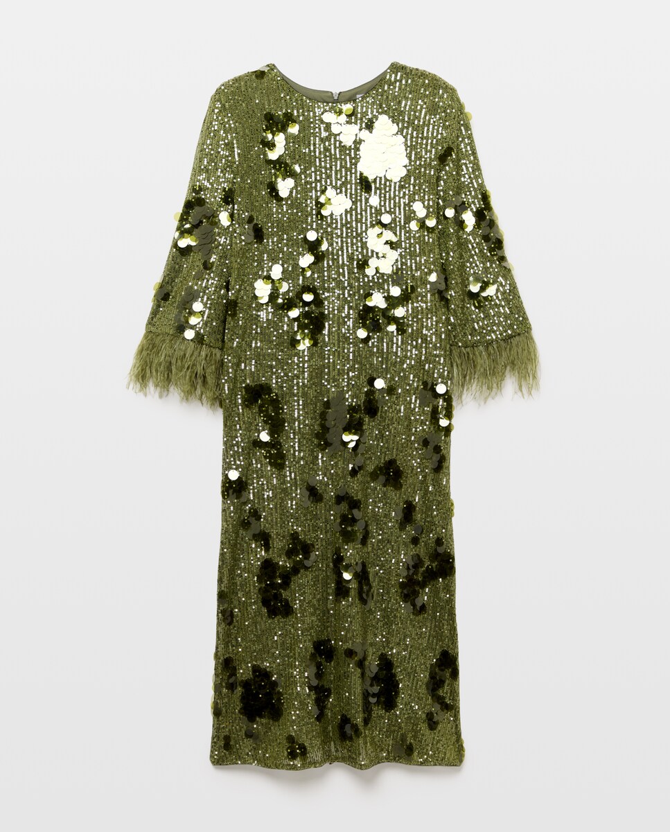 Imagen 0 de Vestido midi con lentejuelas y plumas en mangas de mujer Verde