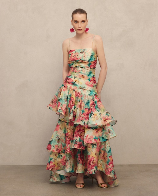 Imagem 0 de Vestido Comprido em Chiffon com Folhos