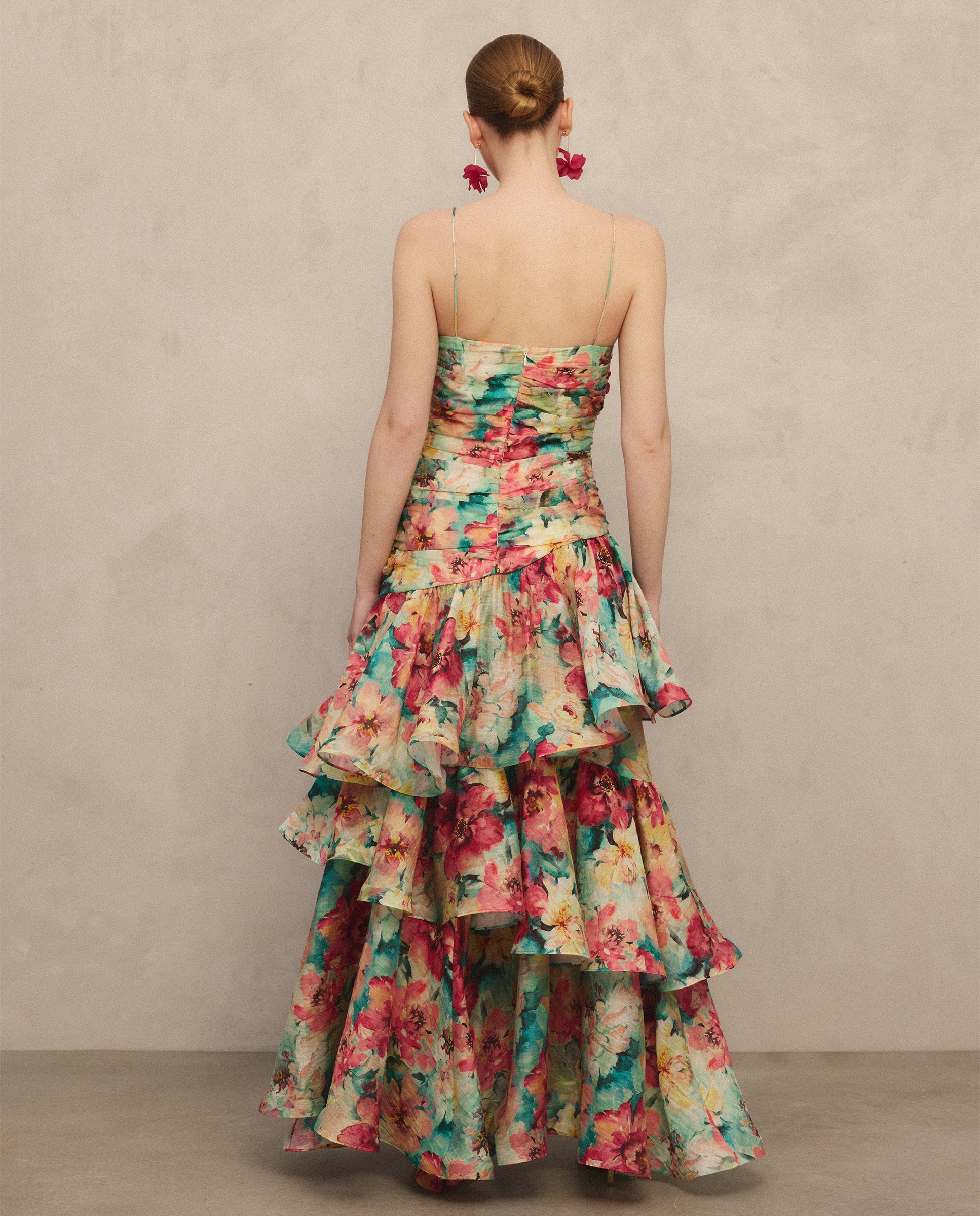Vestido Comprido em Chiffon com Folhos Verde-3