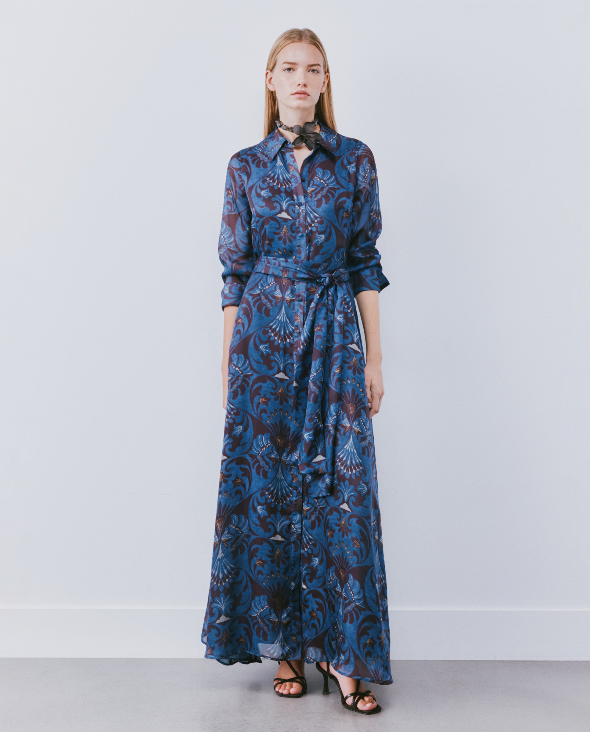 Vestido camiseiro comprido Azul-1