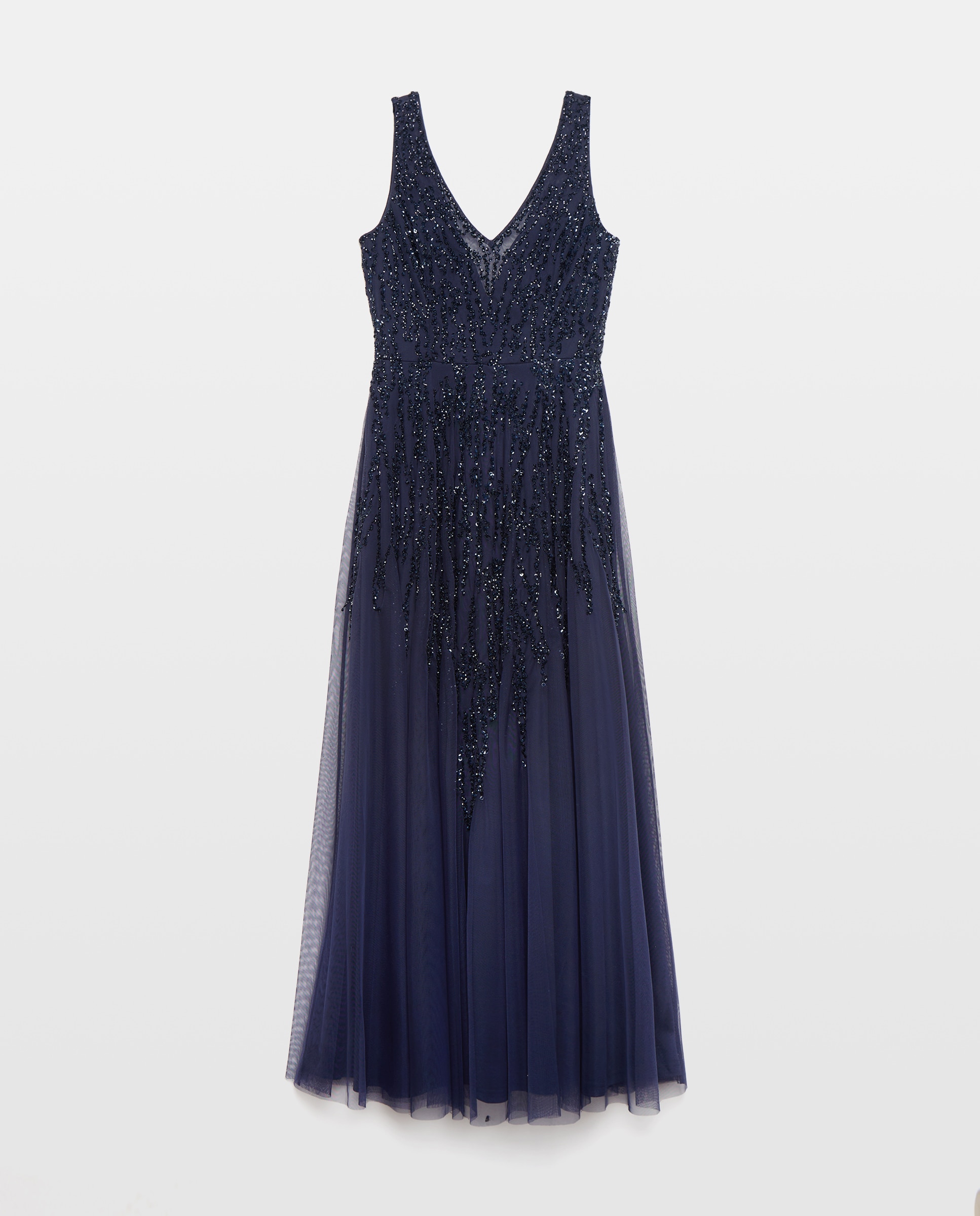 Vestido Comprido com Pedraria e Capa de Tule Azul-marinho-6