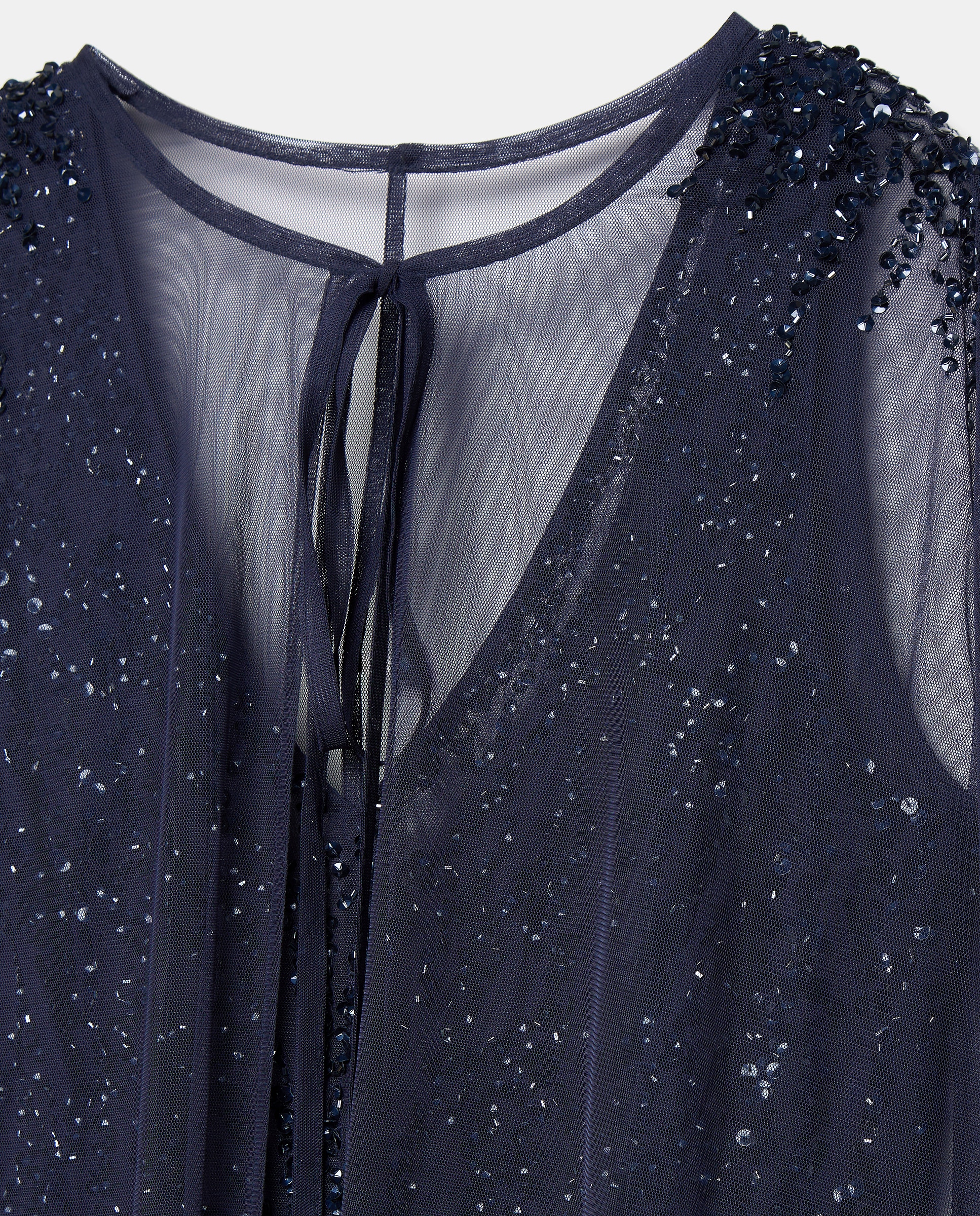 Vestido Comprido com Pedraria e Capa de Tule Azul-marinho-7