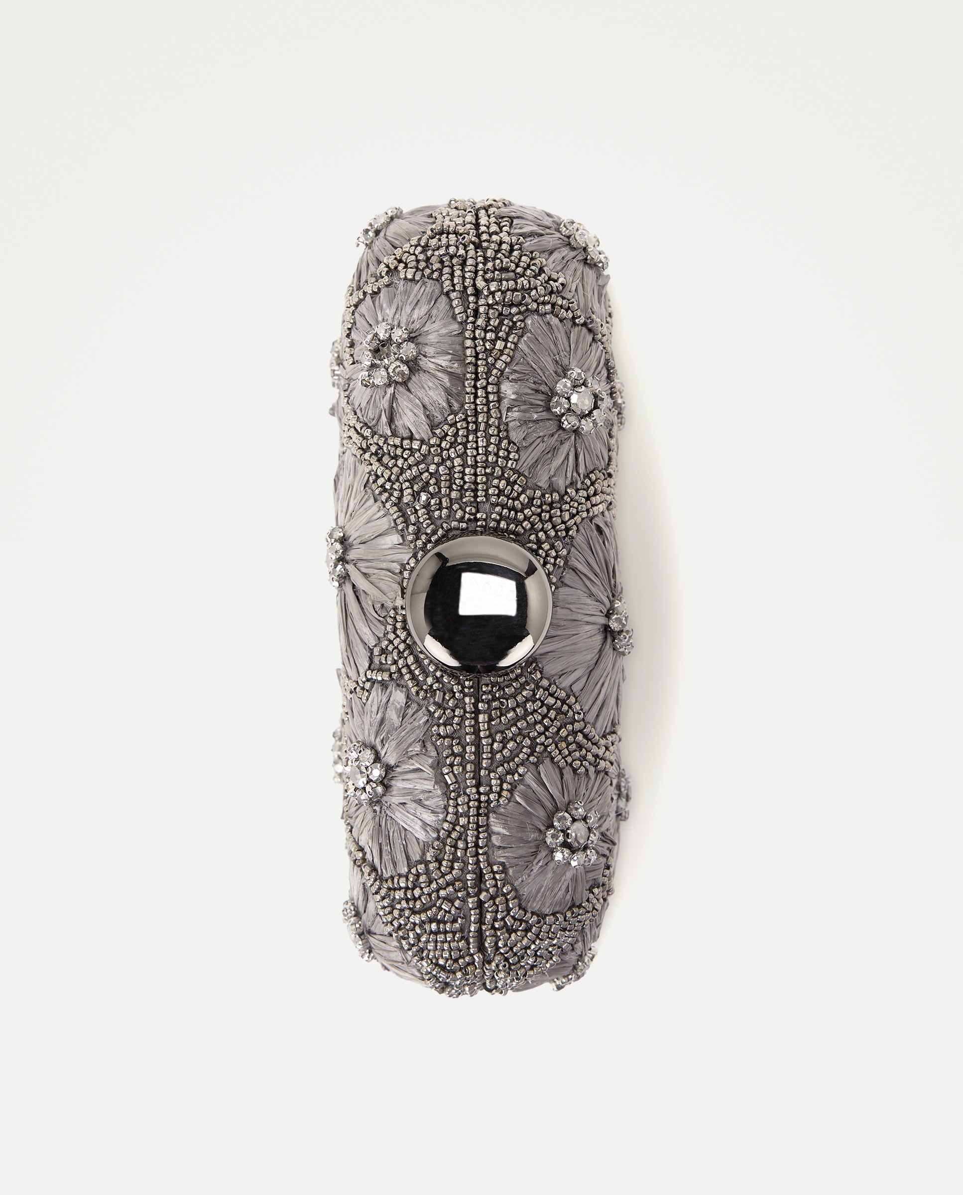 Mala Clutch de Ráfia e Pedraria com Forma de Flores Prateado envelhecido-4
