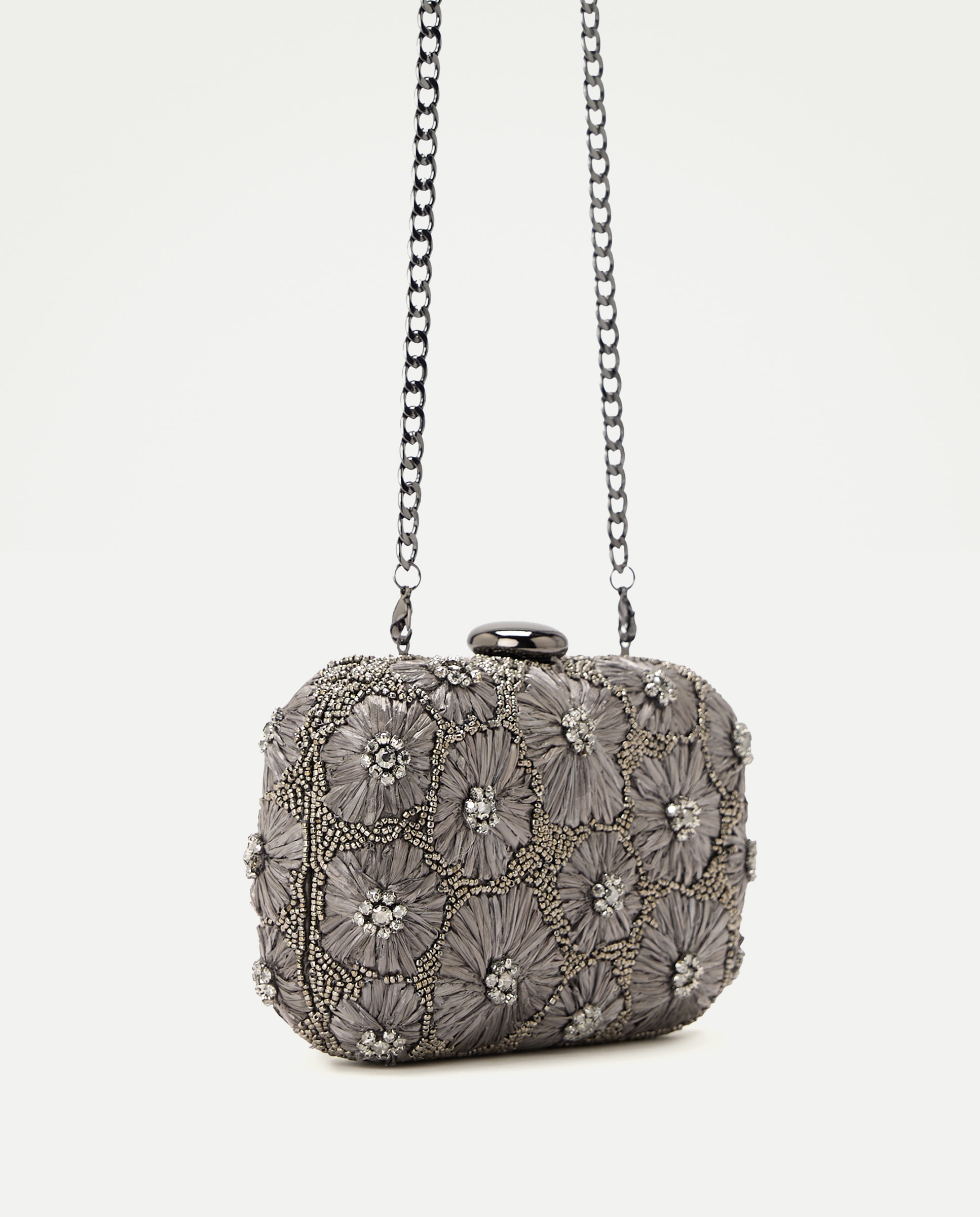 Mala Clutch de Ráfia e Pedraria com Forma de Flores Prateado envelhecido-6