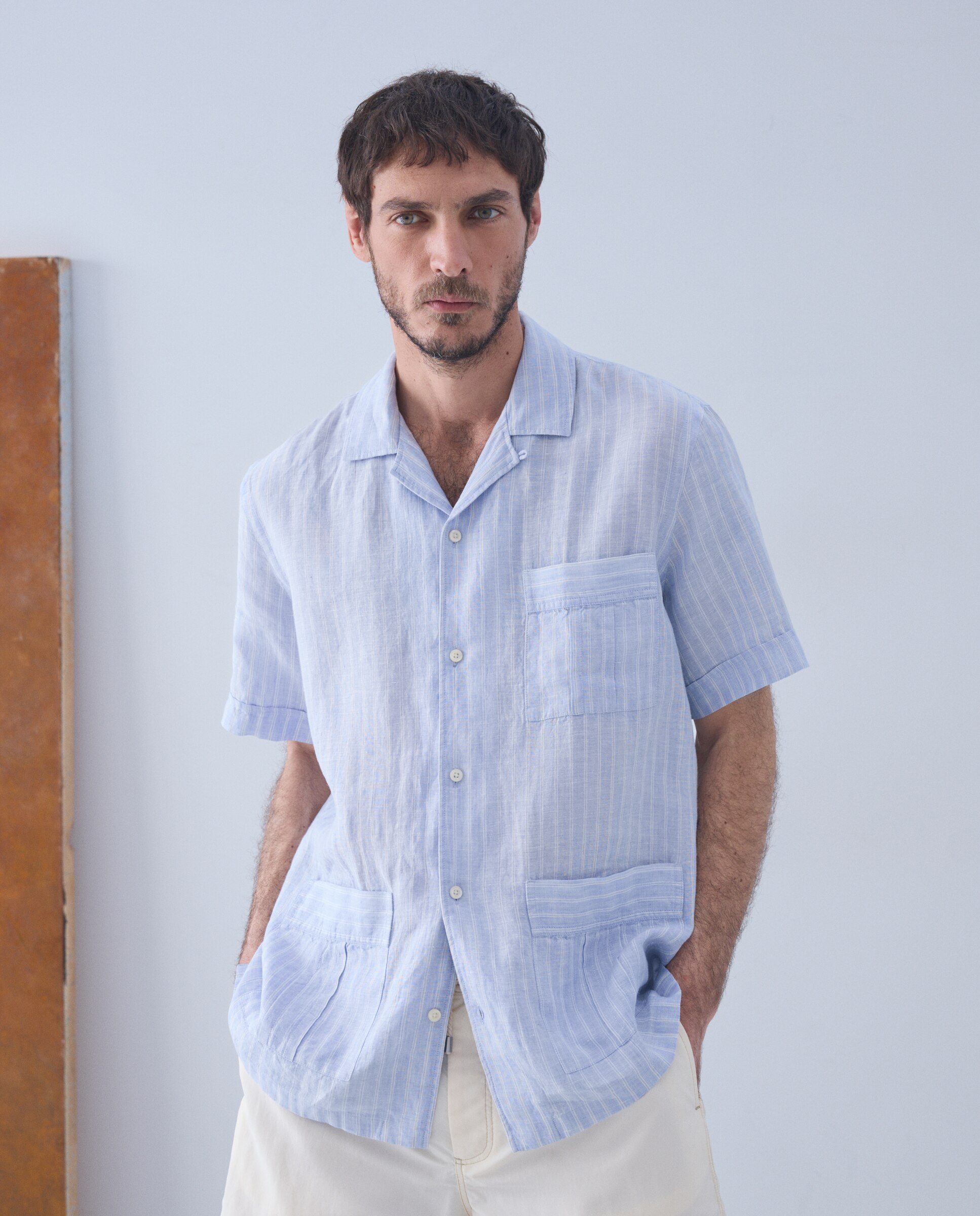 Camisa de manga corta lino beachwear de hombre - Emidio Tucci - Crudo Azul claro-1