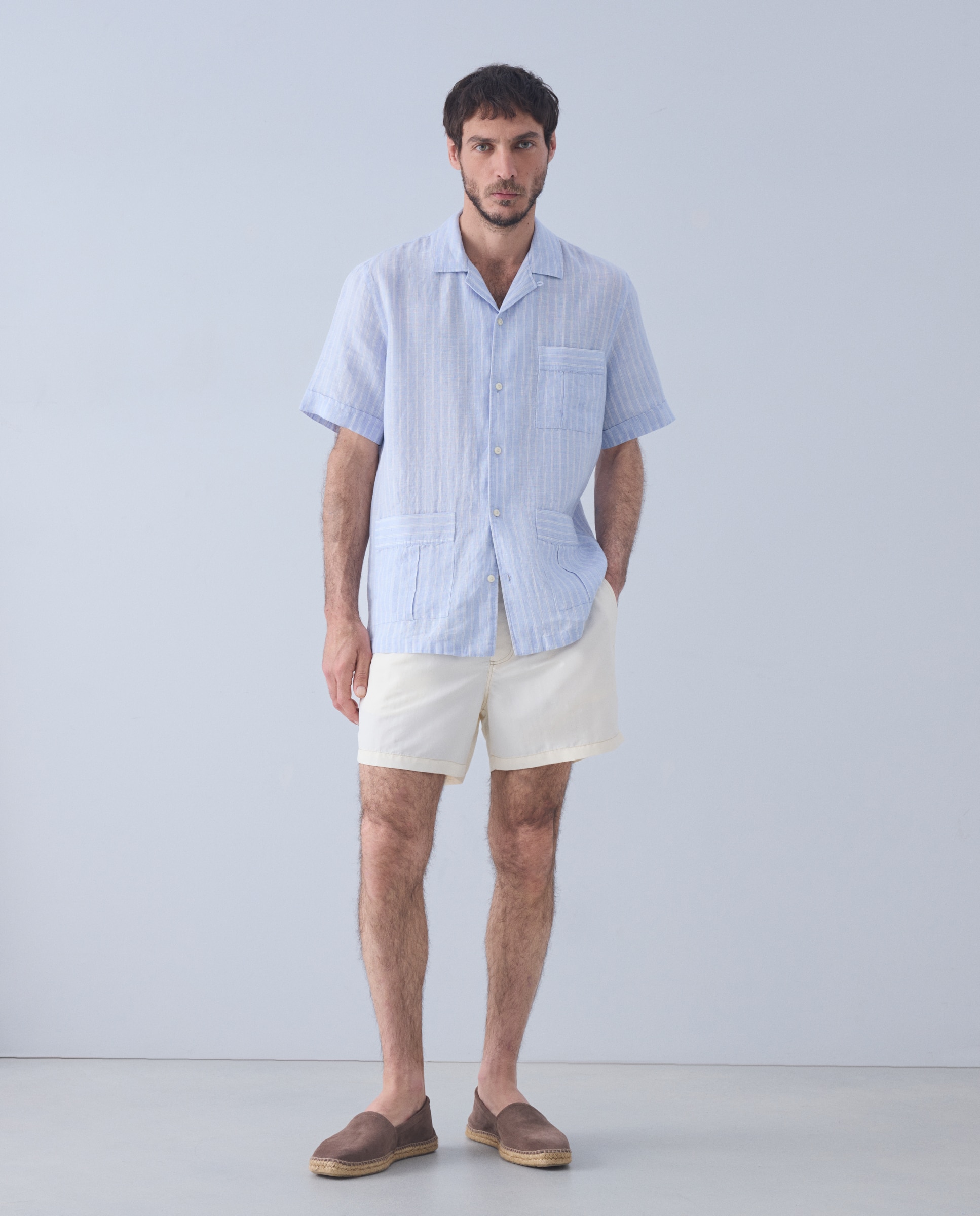 Camisa de manga corta lino beachwear de hombre - Emidio Tucci - Crudo Azul claro-2