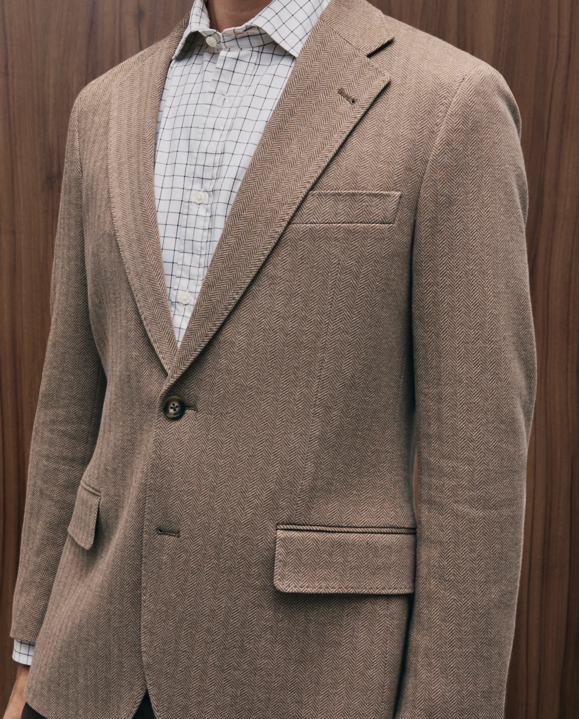 Casaco Desportivo de Malha com Padrão Espinha de Peixe Slim Fit Camel-4