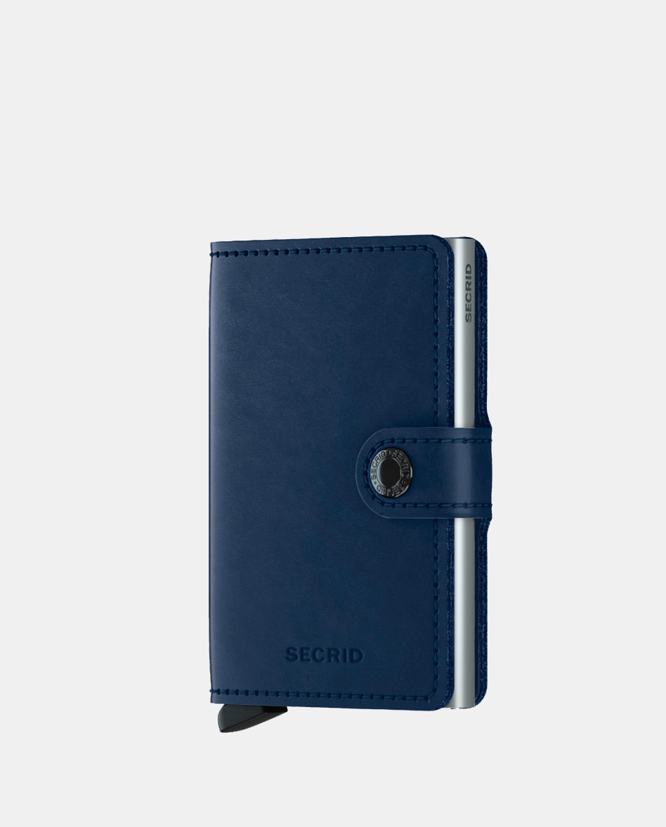 Imagem 0 de Carteira mini anti roubo em pele azul-marinho com porta-cartões adicional