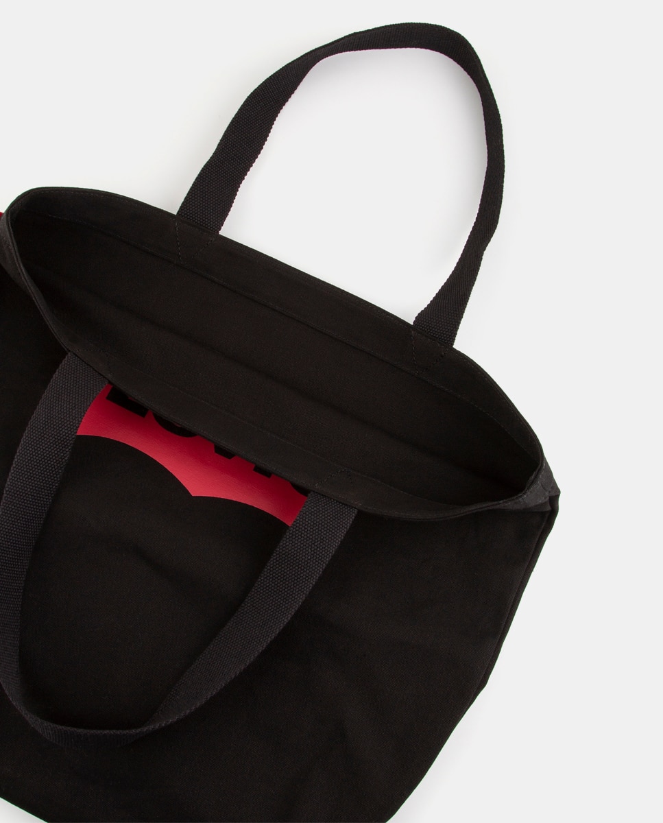 Mala Tote de algodão branca com pormenor da marca Preto-6