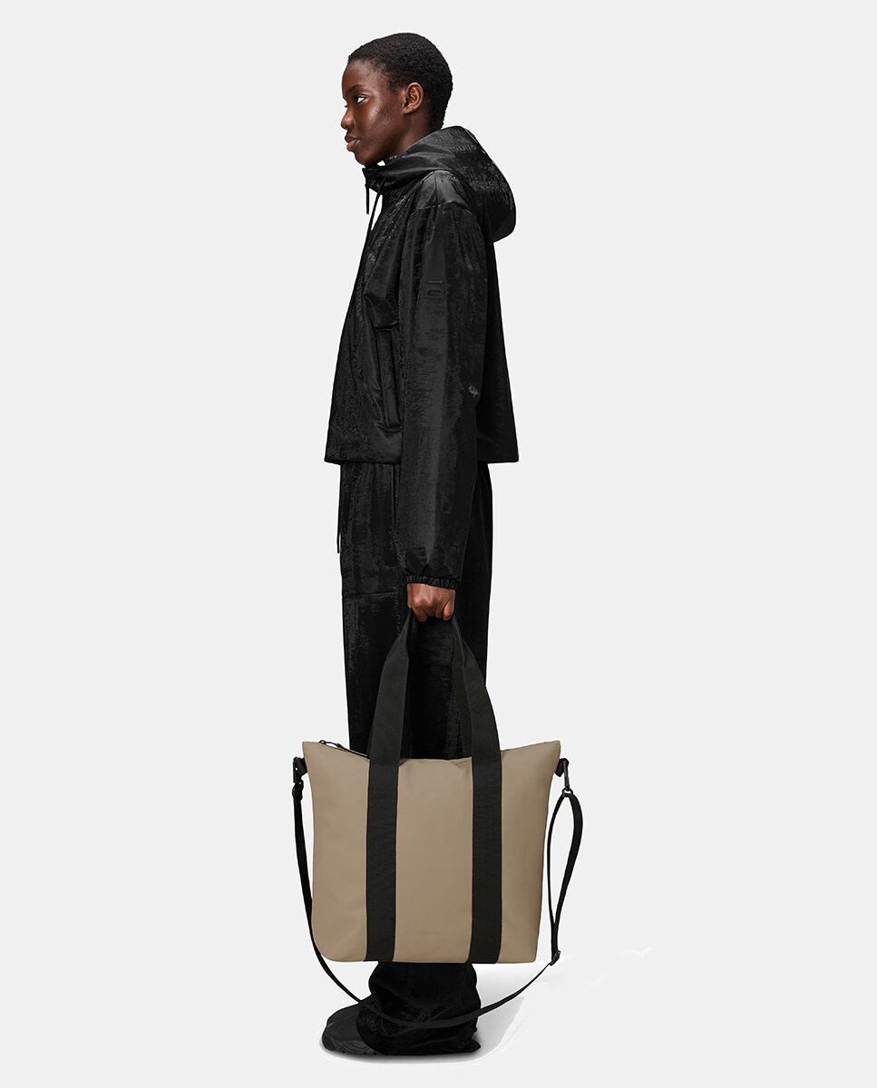 Mala Tipo Tote Mini Resistente à Água com Alça de Tiracolo Amovível - Preto Bege-6
