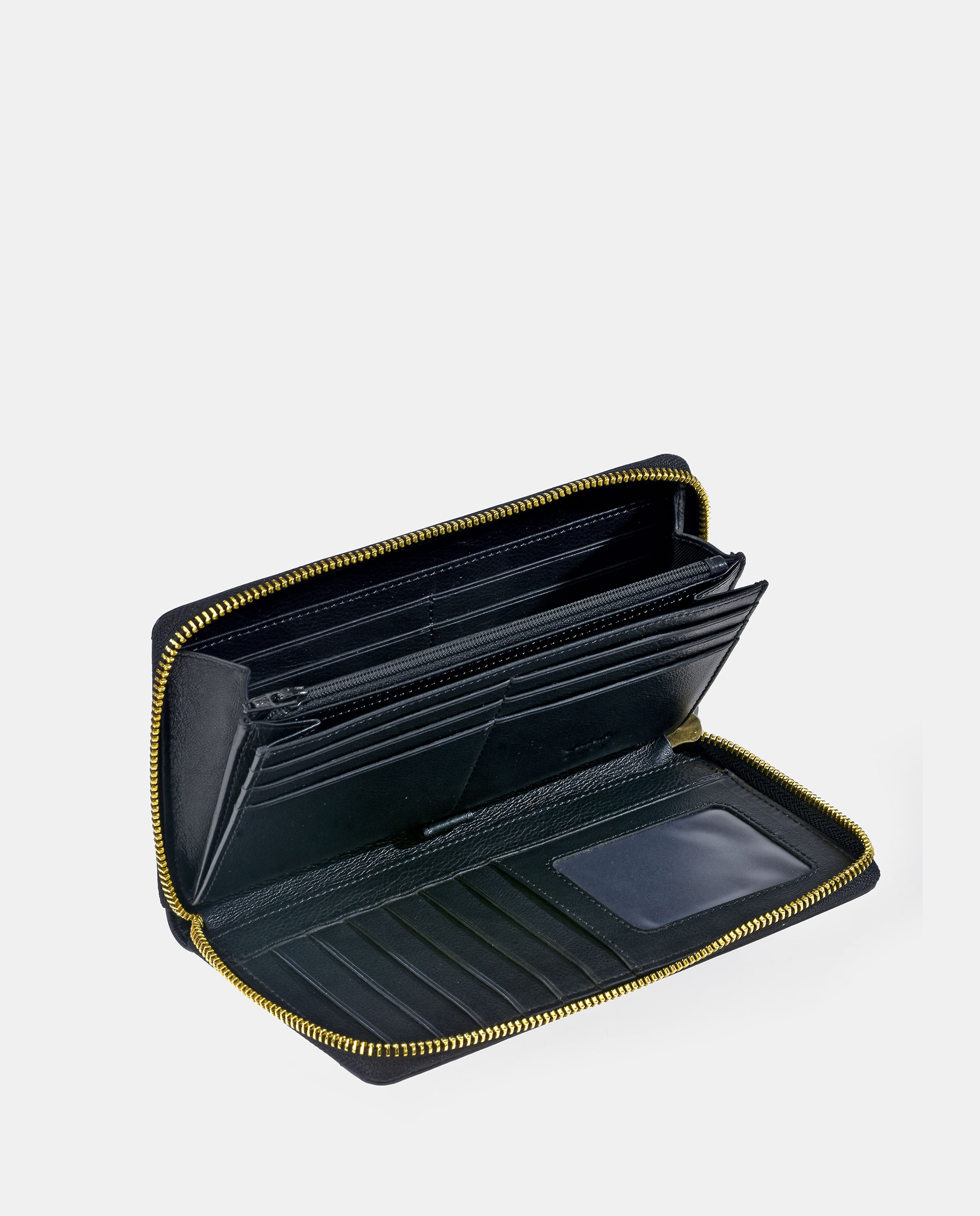 Porta-Moedas Grande em Vaqueta e Lona com Secção para Notas e Fecho de Correr - Cor de Tijolo Preto-3