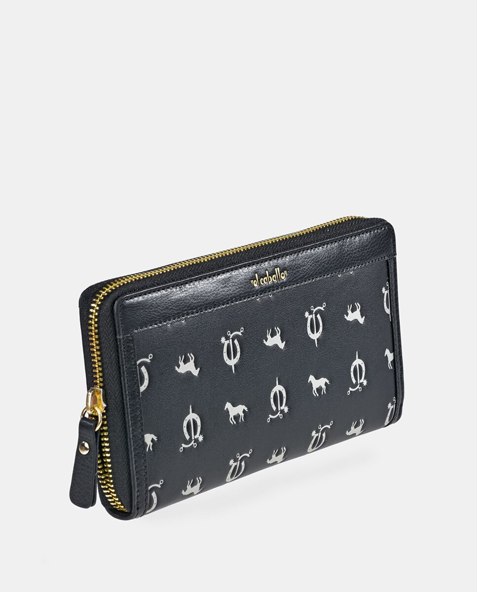 Porta-Moedas Grande em Vaqueta e Lona com Secção para Notas e Fecho de Correr - Cor de Tijolo Preto-6