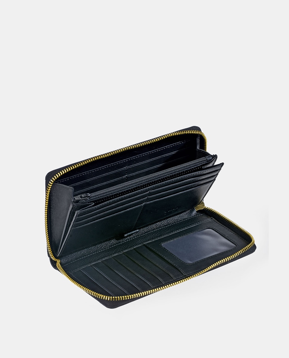 Porta-Moedas Grande em Vaqueta e Lona com Secção para Notas e Fecho de Correr - Cor de Tijolo Preto-7