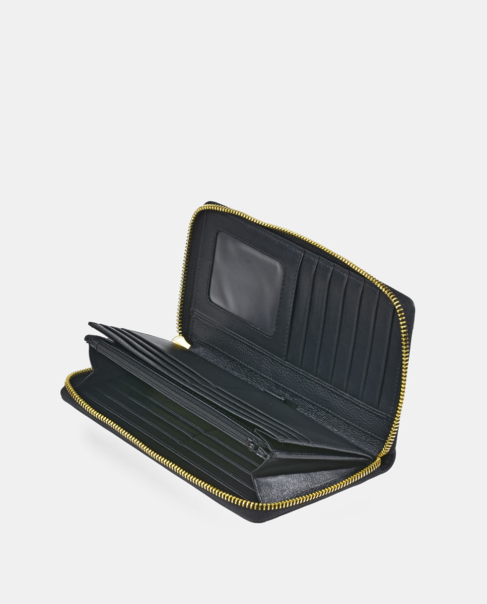 Porta-Moedas Grande em Vaqueta e Lona com Secção para Notas e Fecho de Correr - Cor de Tijolo Preto-8