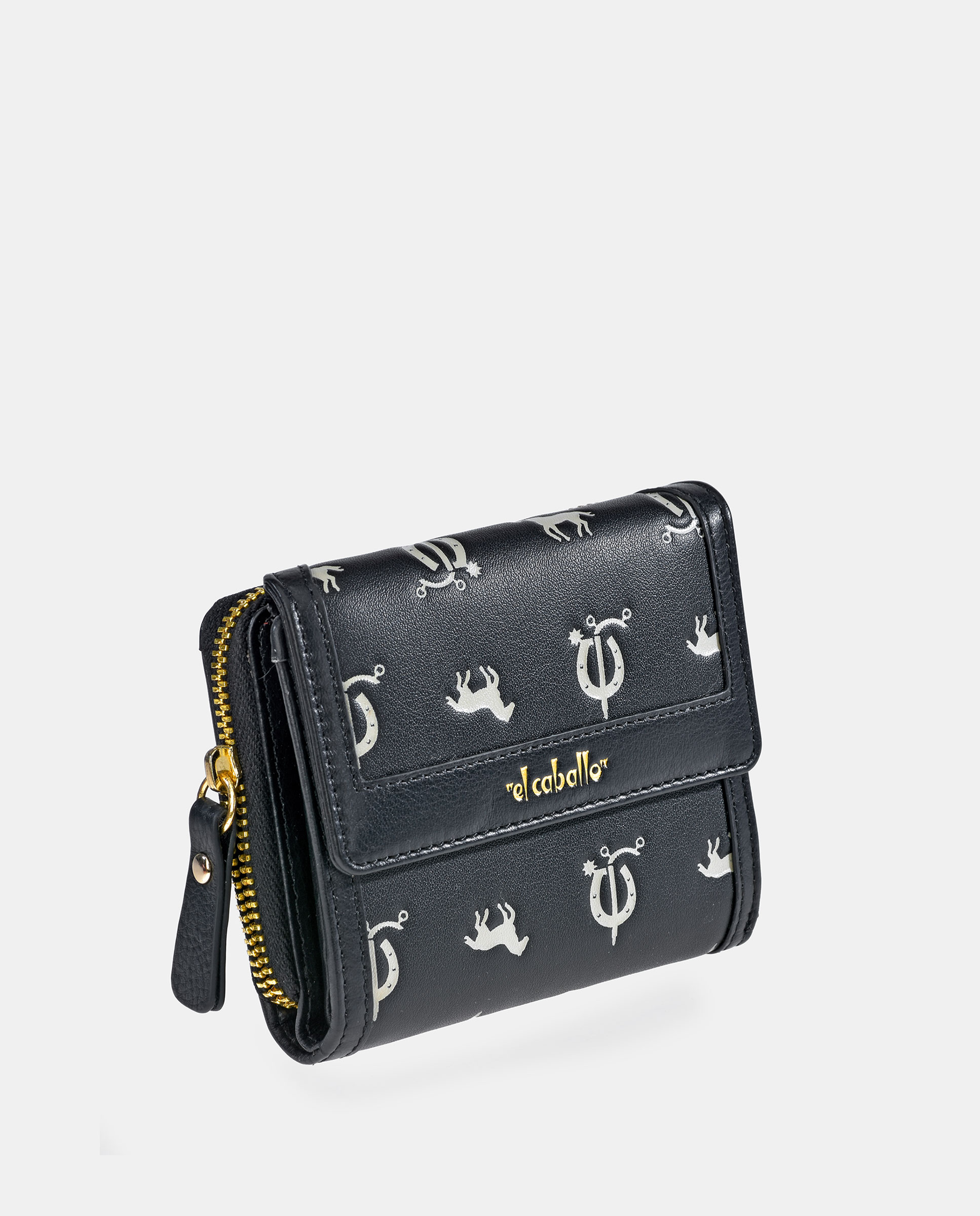 Porta-Moedas Pequeno em Vaqueta e Lona com Secção para Notas e Aba - Cor de Tijolo Preto-2