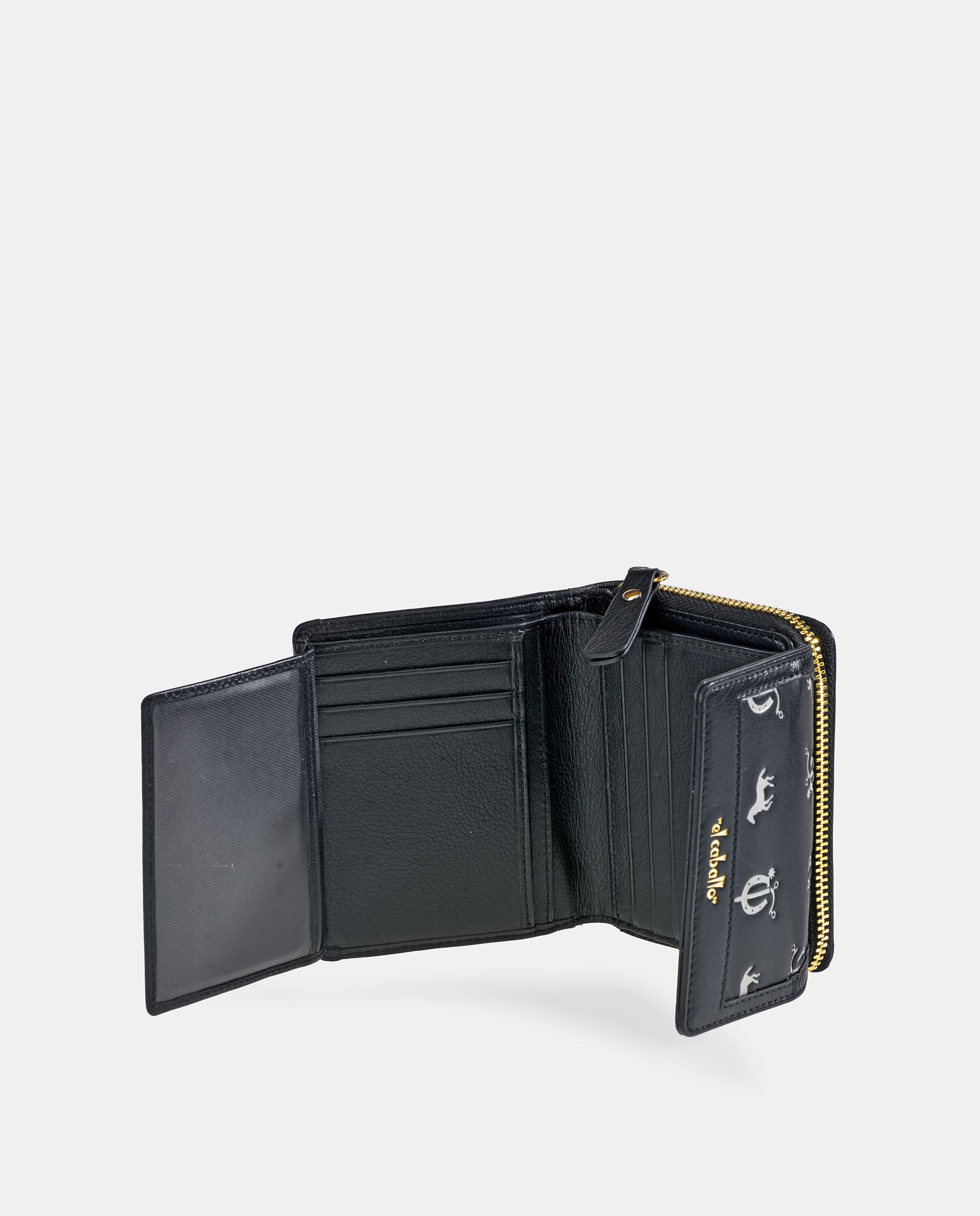 Porta-Moedas Pequeno em Vaqueta e Lona com Secção para Notas e Aba - Cor de Tijolo Preto-4