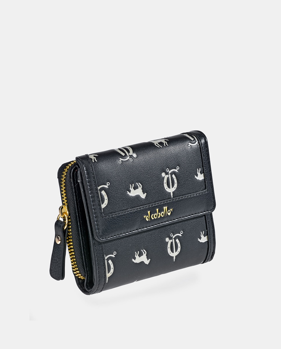 Porta-Moedas Pequeno em Vaqueta e Lona com Secção para Notas e Aba - Cor de Tijolo Preto-7