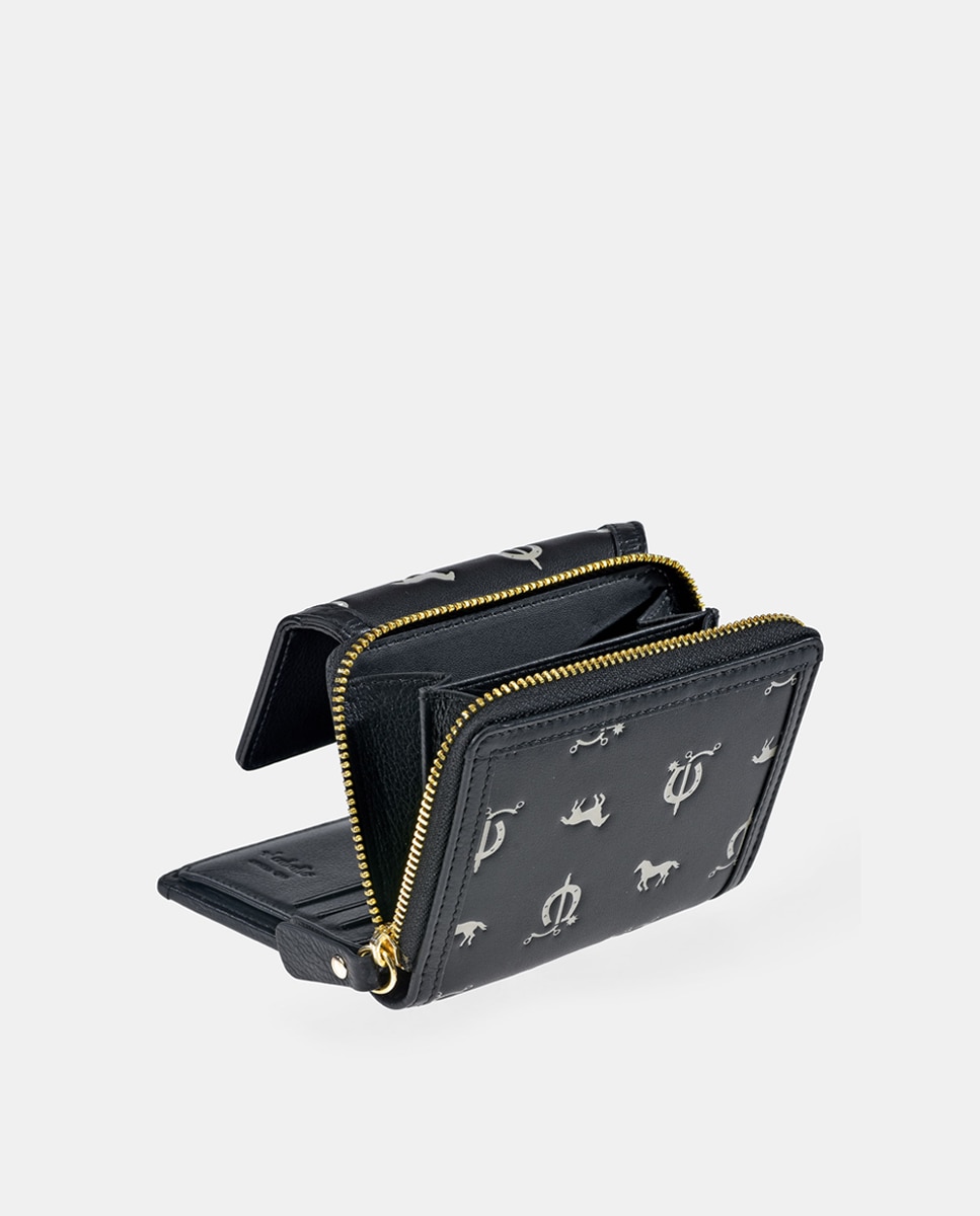 Porta-Moedas Pequeno em Vaqueta e Lona com Secção para Notas e Aba - Cor de Tijolo Preto-8