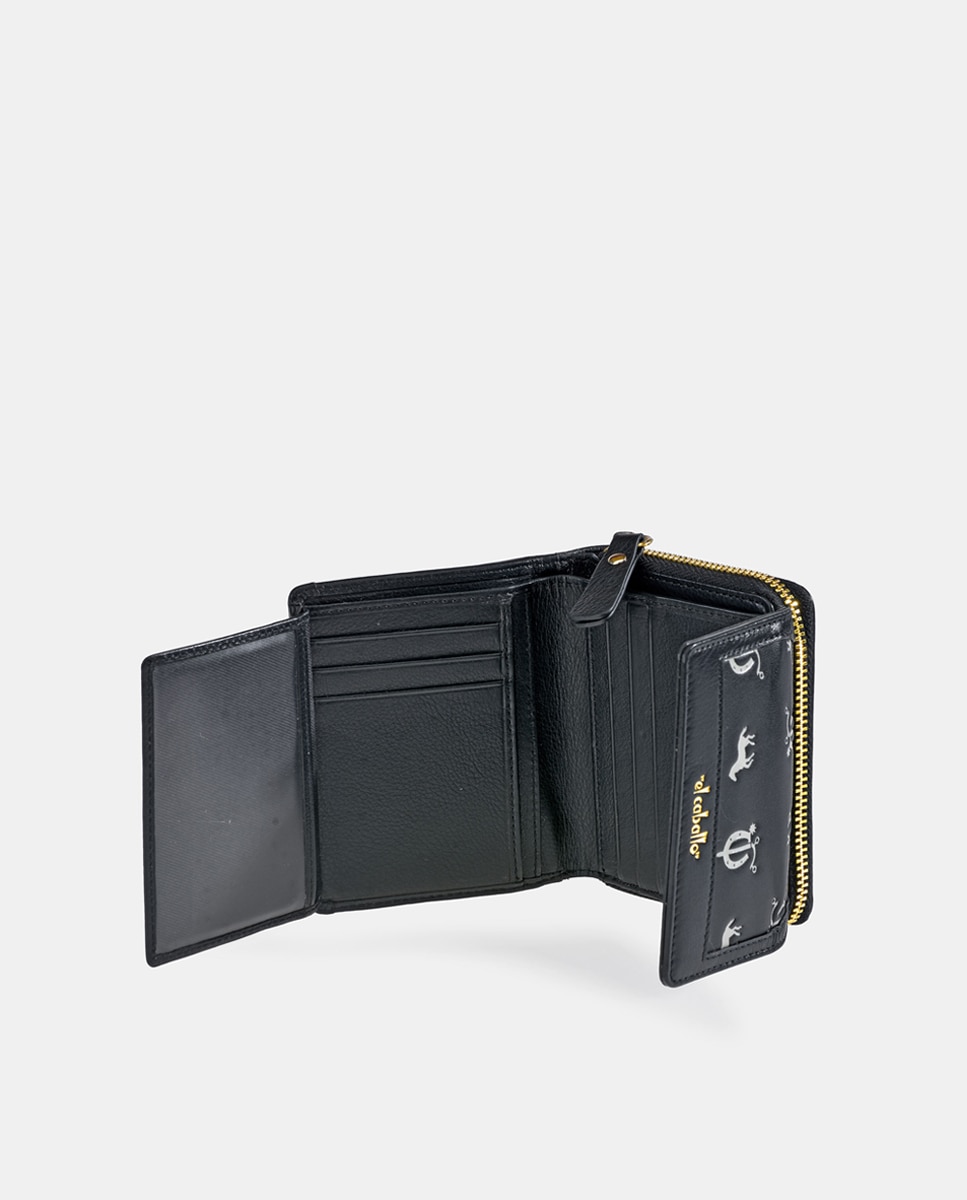 Porta-Moedas Pequeno em Vaqueta e Lona com Secção para Notas e Aba - Cor de Tijolo Preto-9