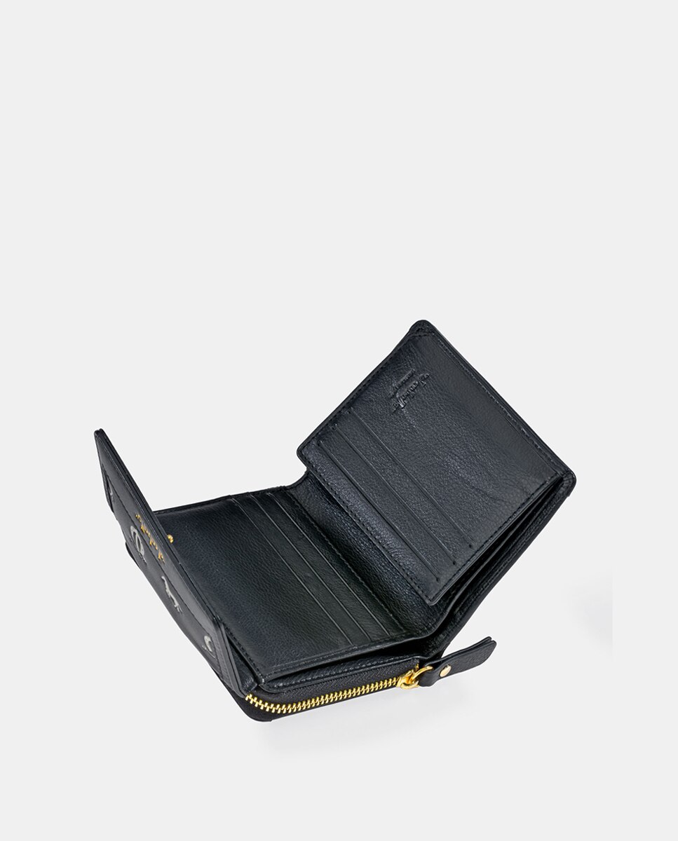 Porta-Moedas Pequeno em Vaqueta e Lona com Secção para Notas e Aba - Cor de Tijolo Preto-10