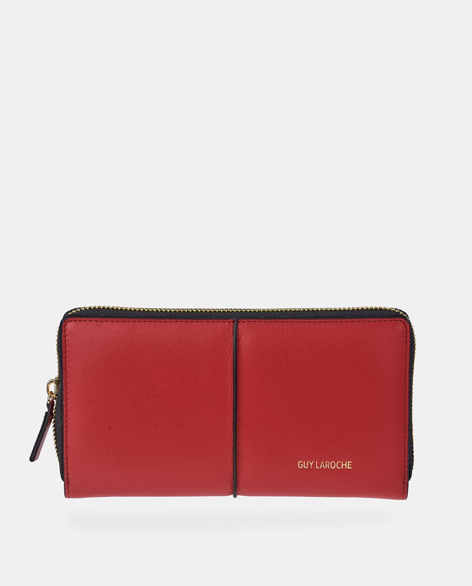 Porta-Moedas Grande em Pele com Secção para Notas e Fecho de Correr - Creme Vermelho-1