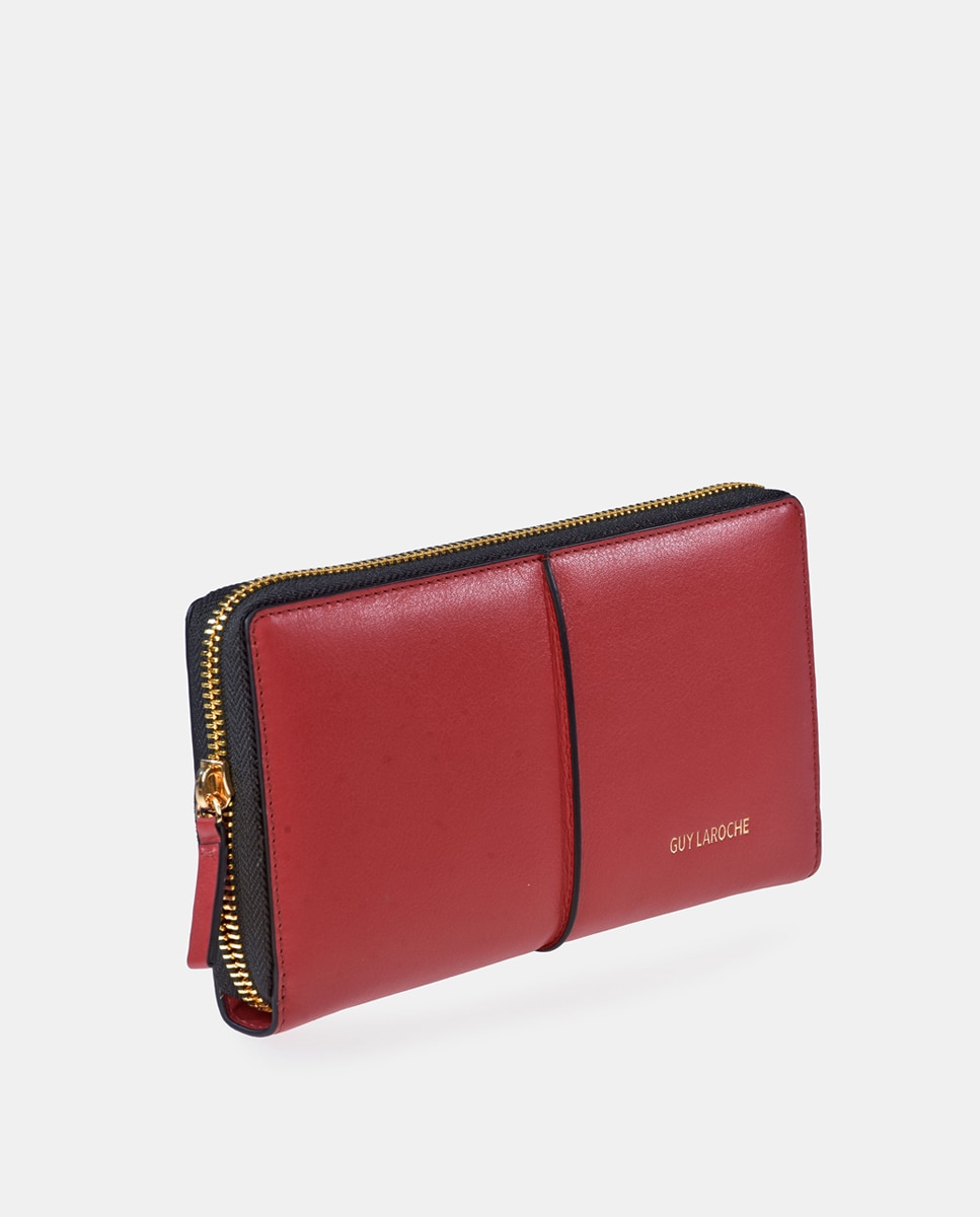 Porta-Moedas Grande em Pele com Secção para Notas e Fecho de Correr - Creme Vermelho-2