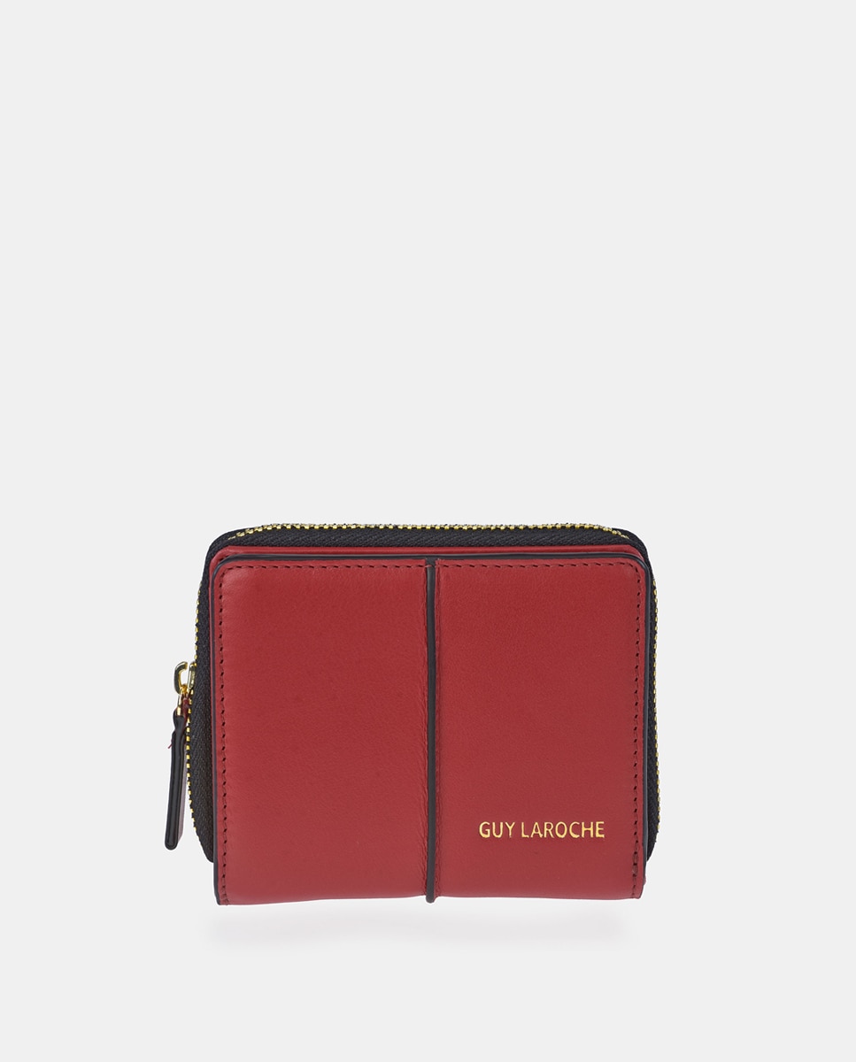 Porta-Moedas em Pele com Secção para Notas e Fecho de Correr - Creme Vermelho-1