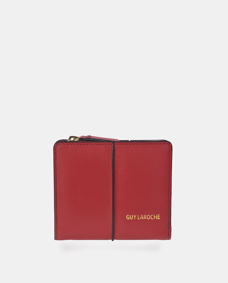 Porta-Moedas em Pele com Secção para Notas e Fecho de Correr - Creme Vermelho-1