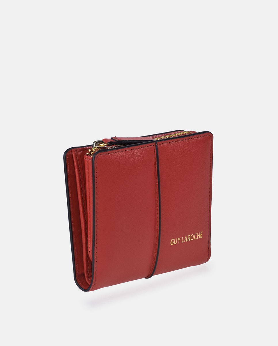 Porta-Moedas em Pele com Secção para Notas e Fecho de Correr - Creme Vermelho-2