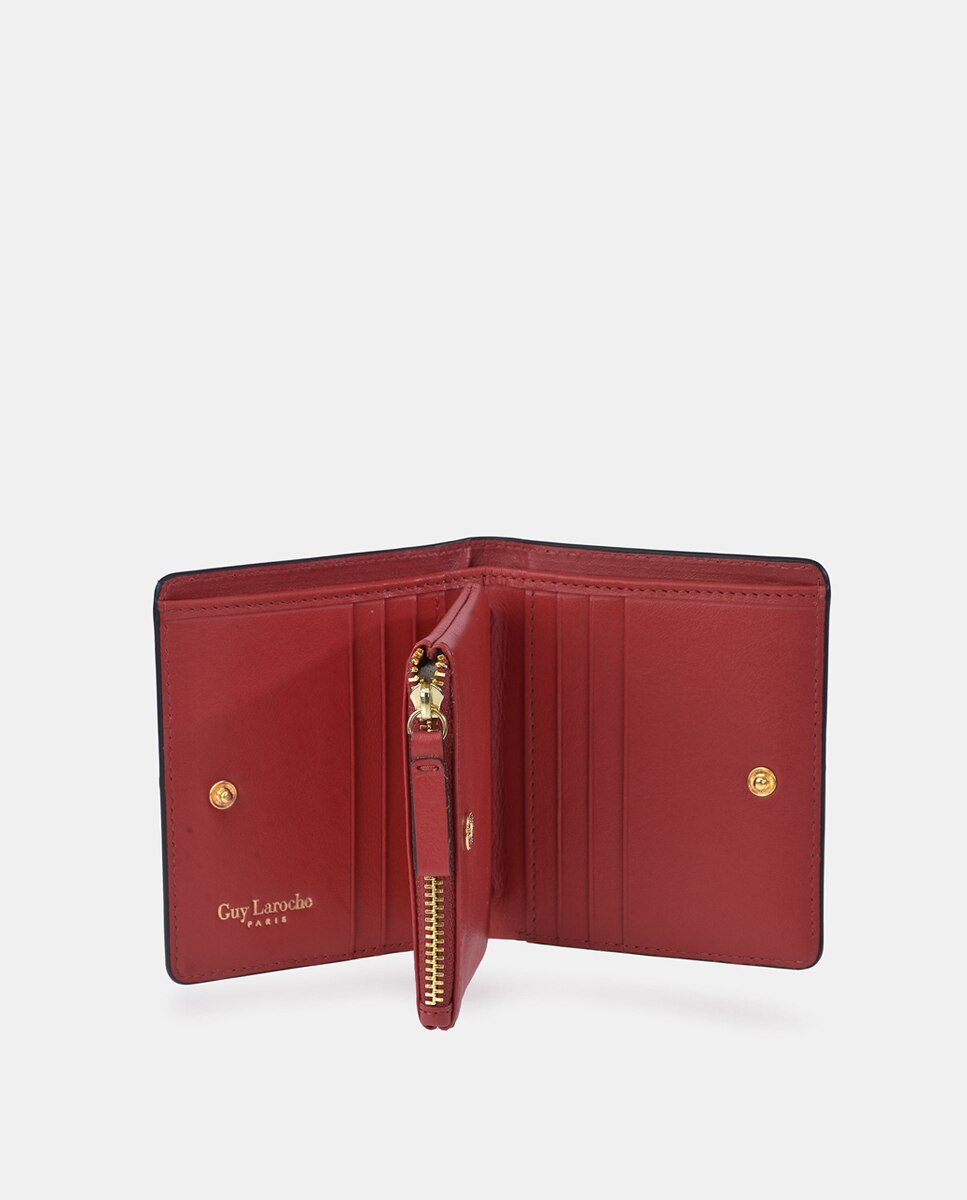 Porta-Moedas em Pele com Secção para Notas e Fecho de Correr - Creme Vermelho-3