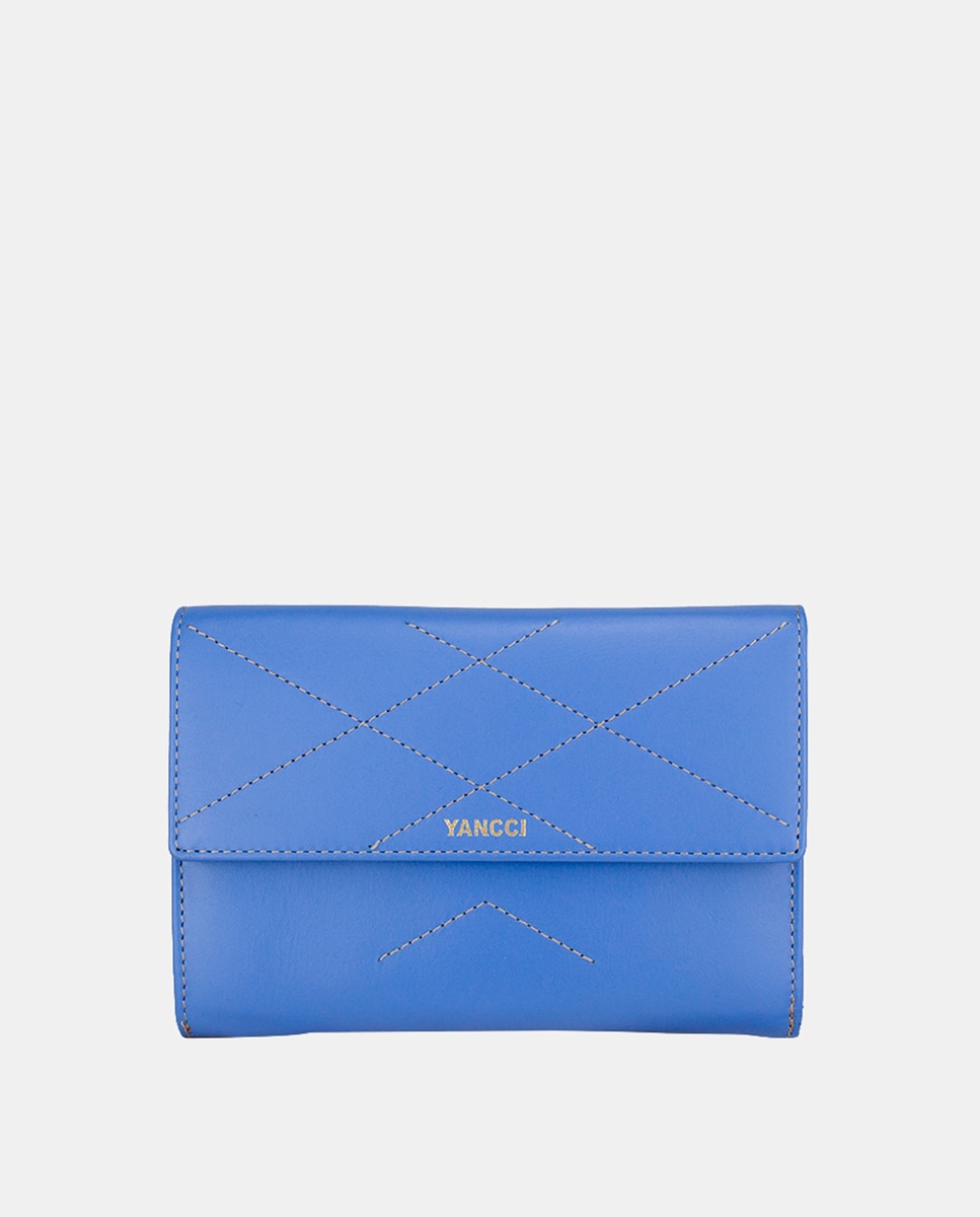 Porta-Moedas Médio em Pele com Secção para Notas e Adorno de Costuras em Forma de Losangos Azul-claro-1