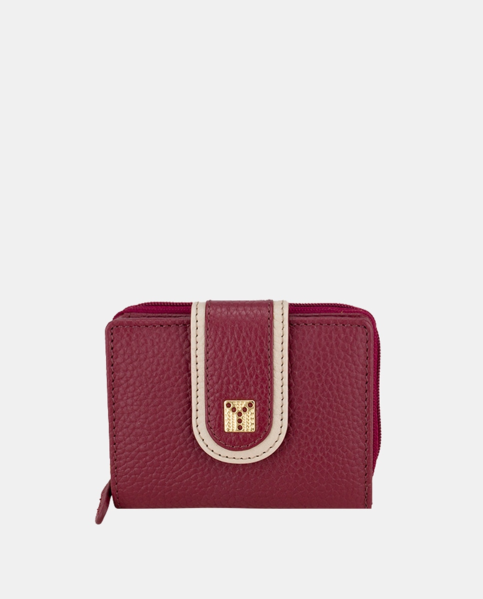 Porta-Moedas Pequeno em Pele com Adorno de Vivos Largos, Tira Ivory e Logótipo de Metal Dourado Bordeaux-1