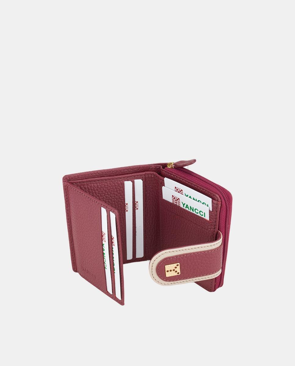 Porta-Moedas Pequeno em Pele com Adorno de Vivos Largos, Tira Ivory e Logótipo de Metal Dourado Bordeaux-2