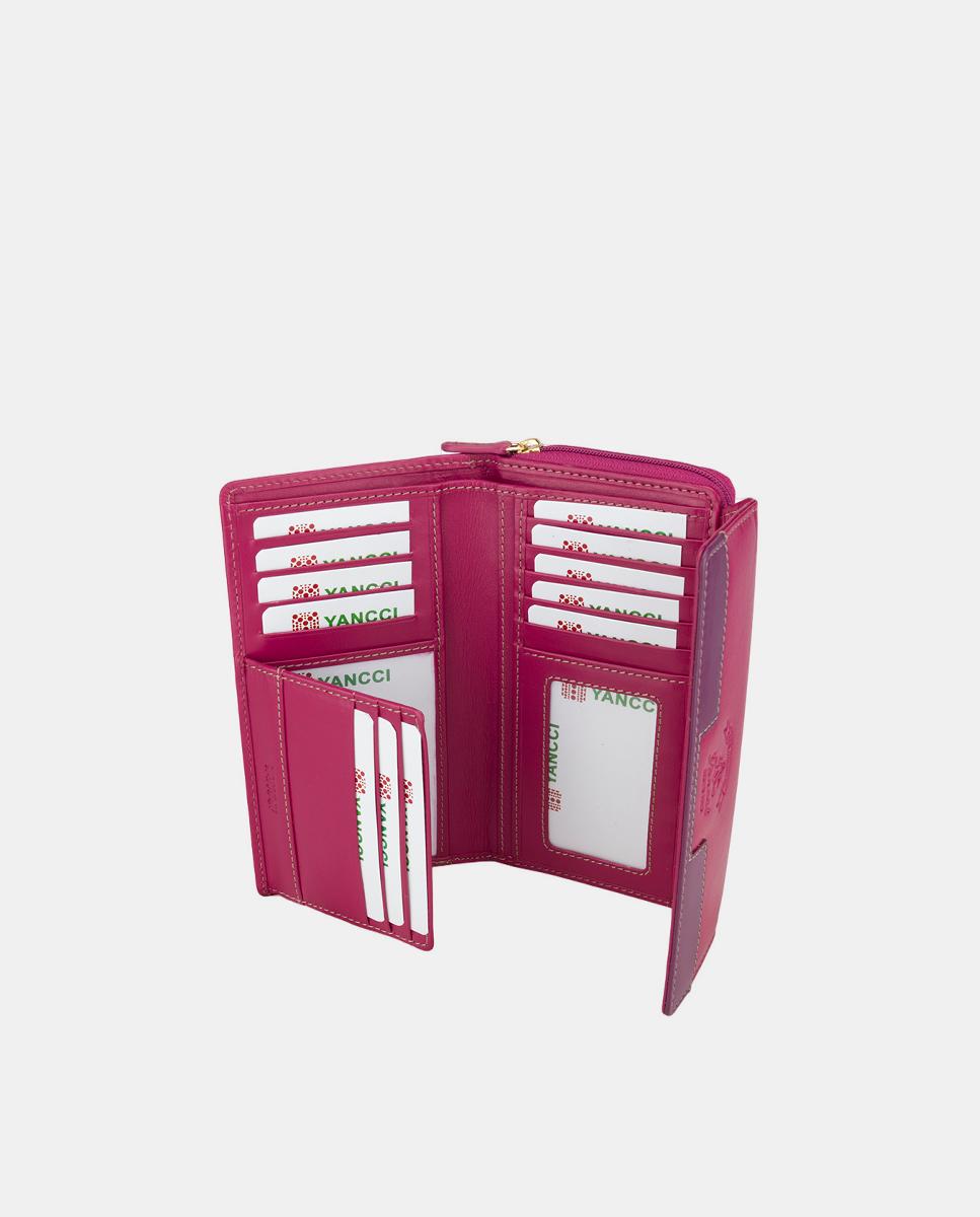 Porta-Moedas Grande em Pele com Adorno Roxo na Tira Fúcsia-2