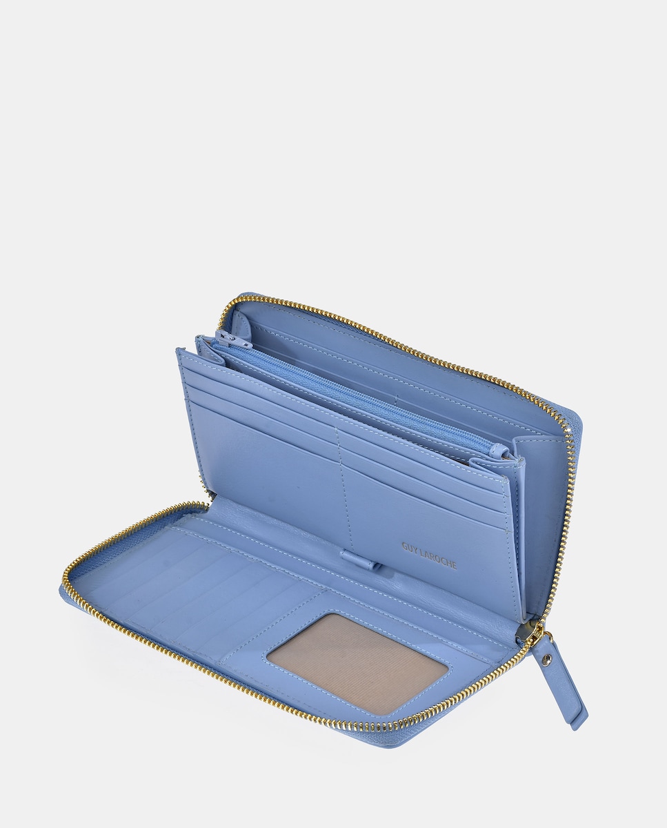 Porta-Moedas Grande em Pele com Fecho de Correr Azul-claro-3