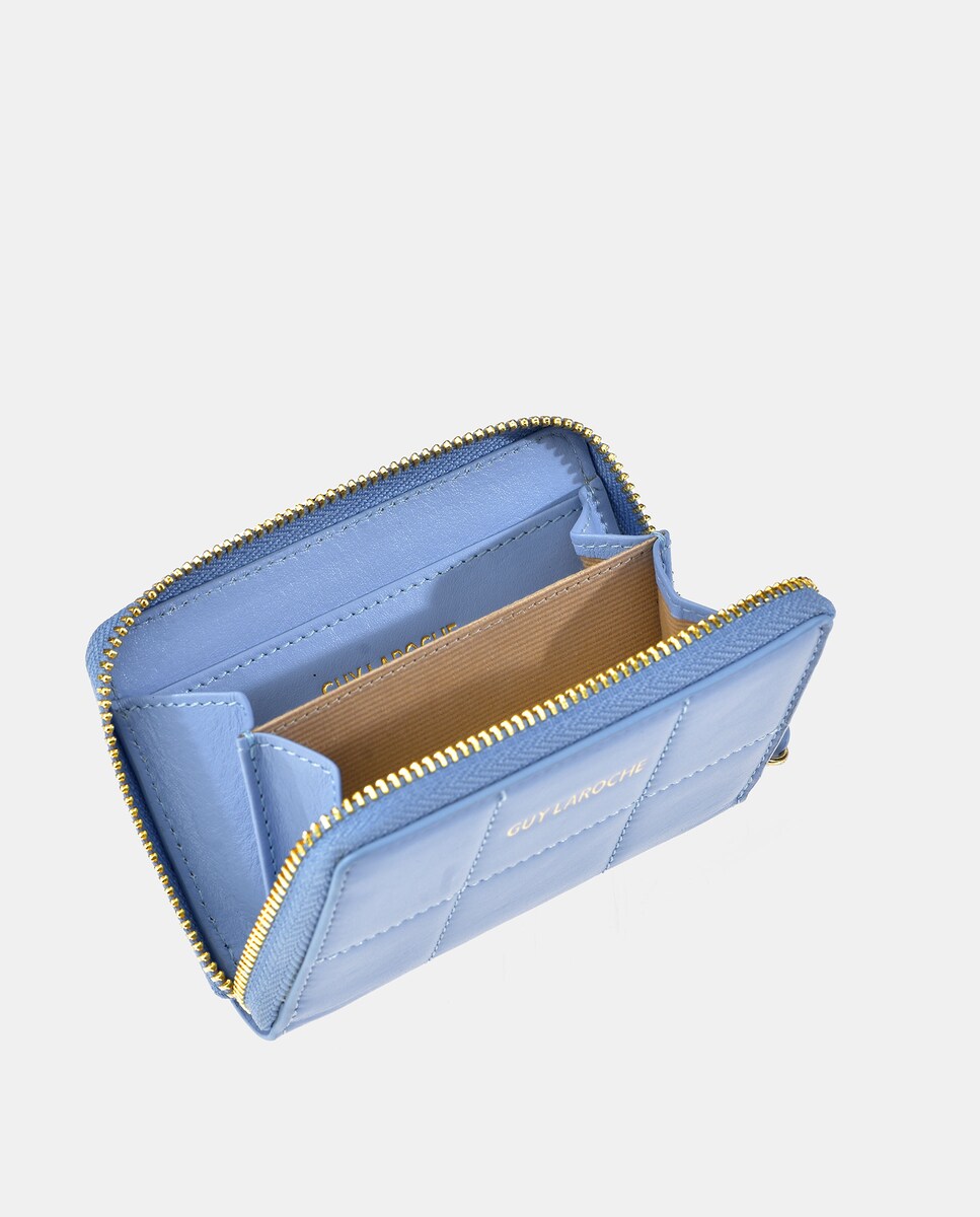 Porta-Moedas Pequeno em Pele com Fecho de Correr Azul-claro-3