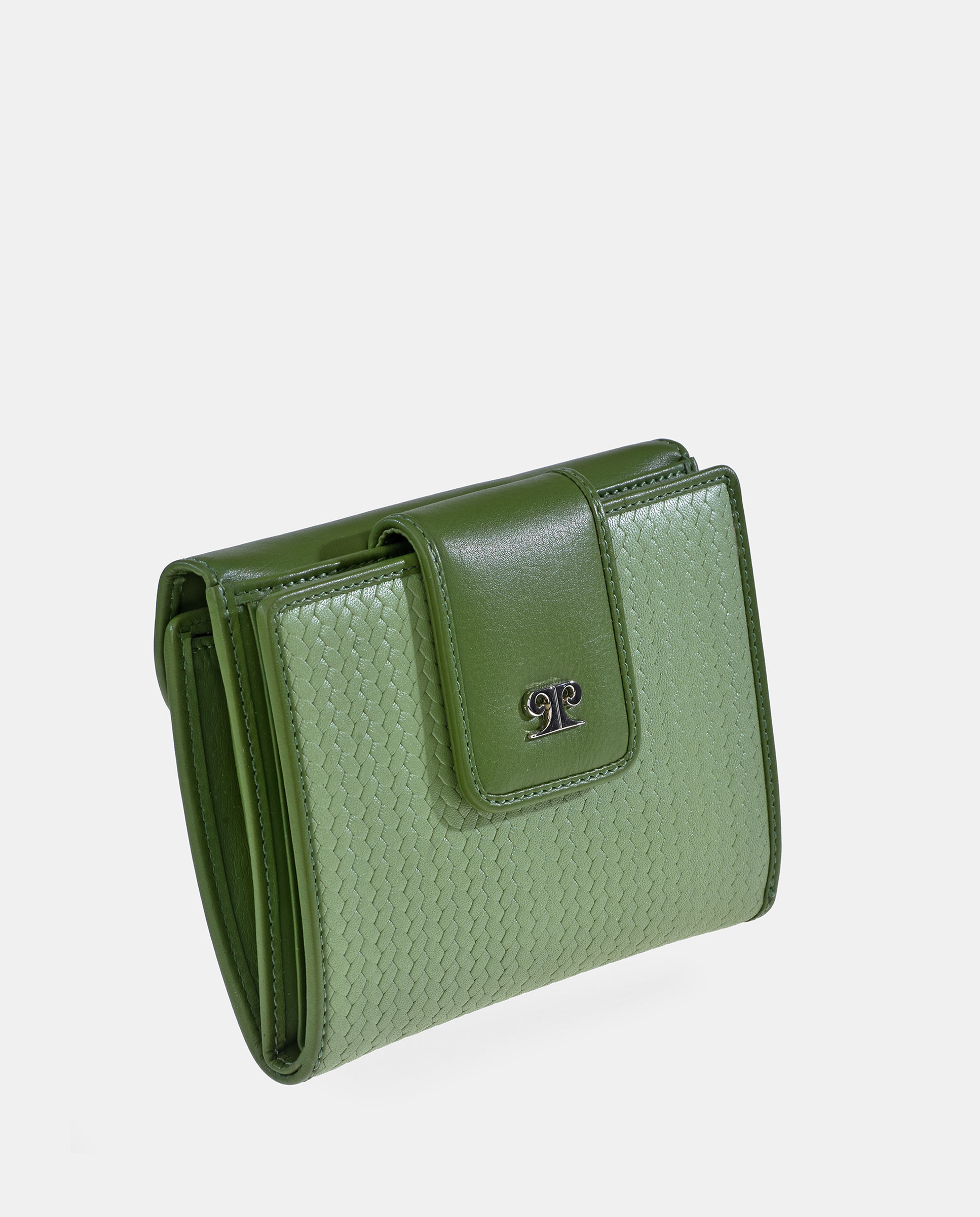 Porta-Moedas com Secção para Notas em Pele Gravada com Padrão Espinha de Peixe Verde-2