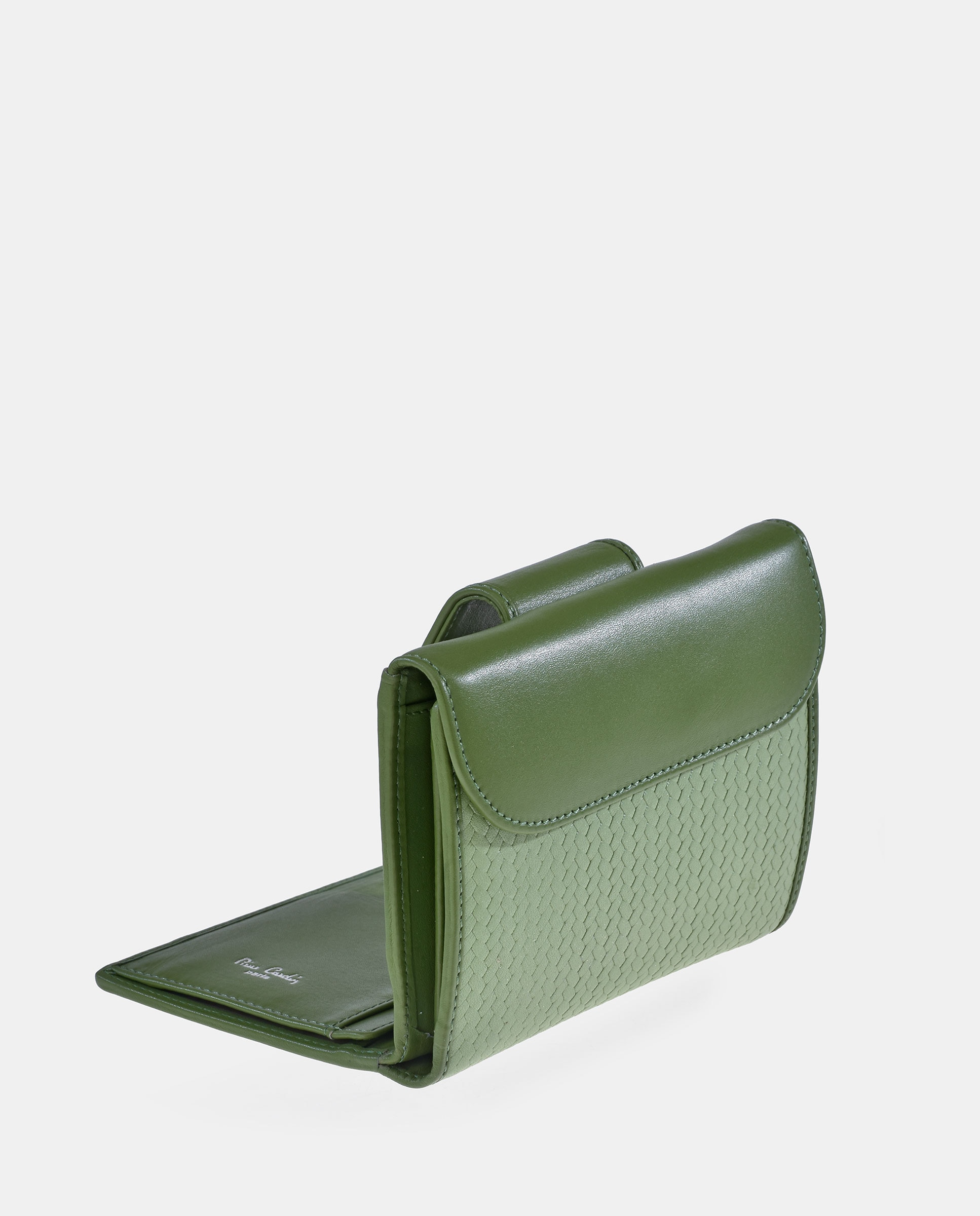 Porta-Moedas com Secção para Notas em Pele Gravada com Padrão Espinha de Peixe Verde-3