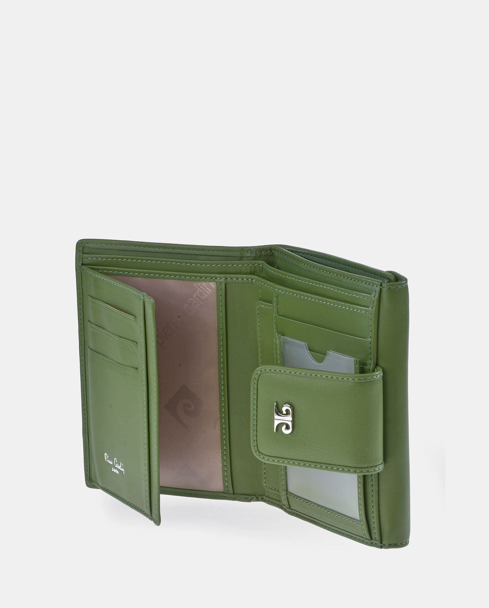 Porta-Moedas com Secção para Notas em Pele Gravada com Padrão Espinha de Peixe Verde-4