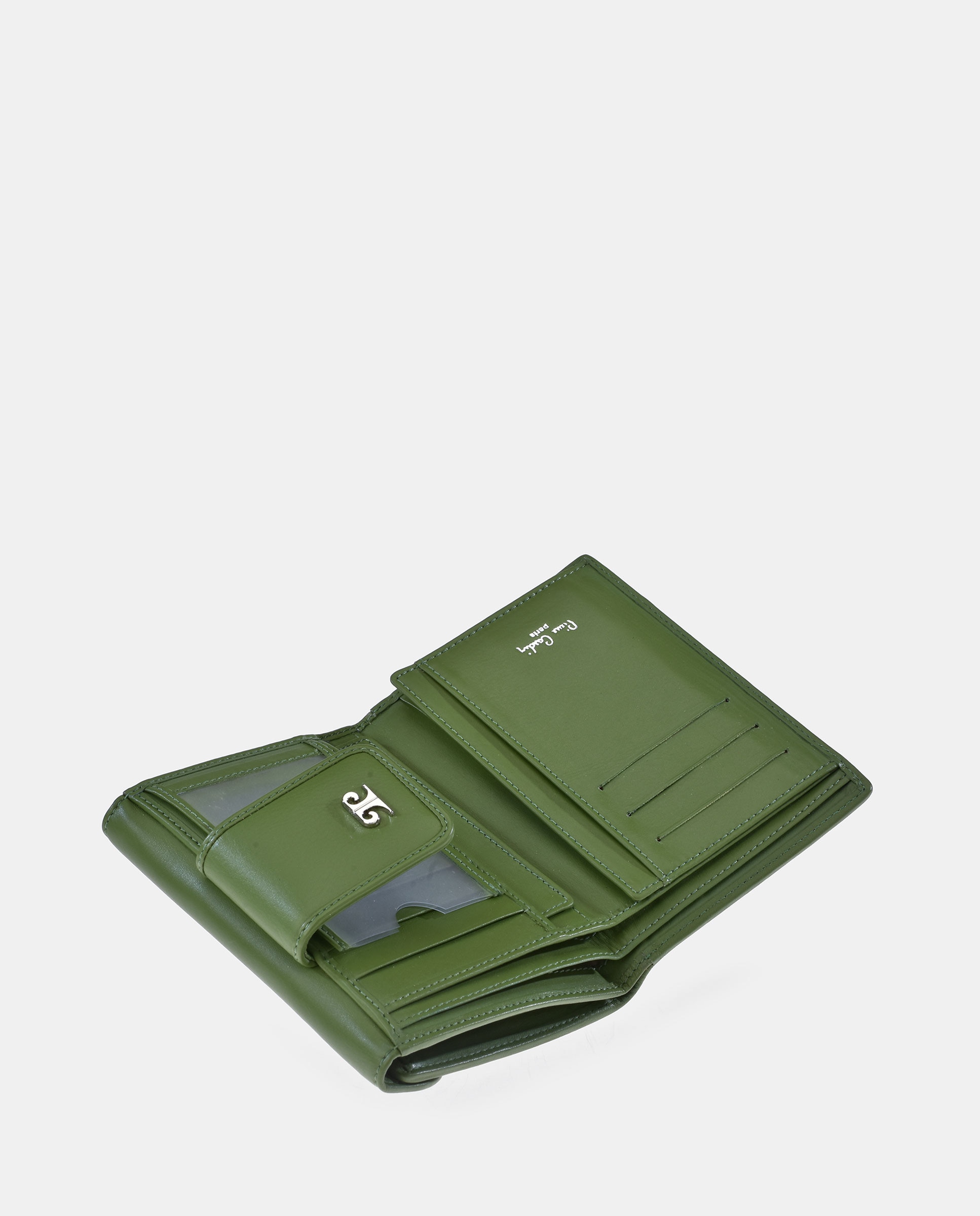 Porta-Moedas com Secção para Notas em Pele Gravada com Padrão Espinha de Peixe Verde-5