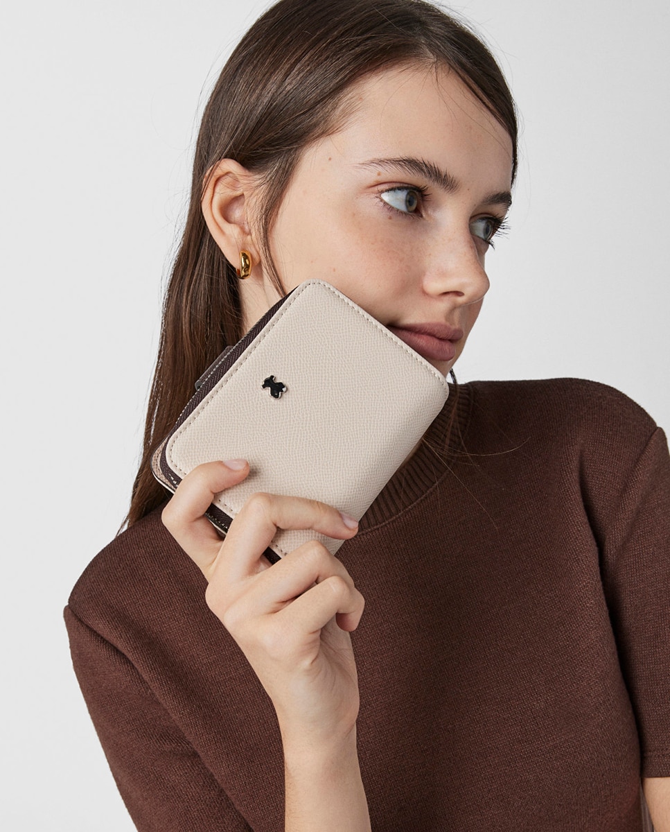 Carteira Pequena com Fecho de Correr Bege-3